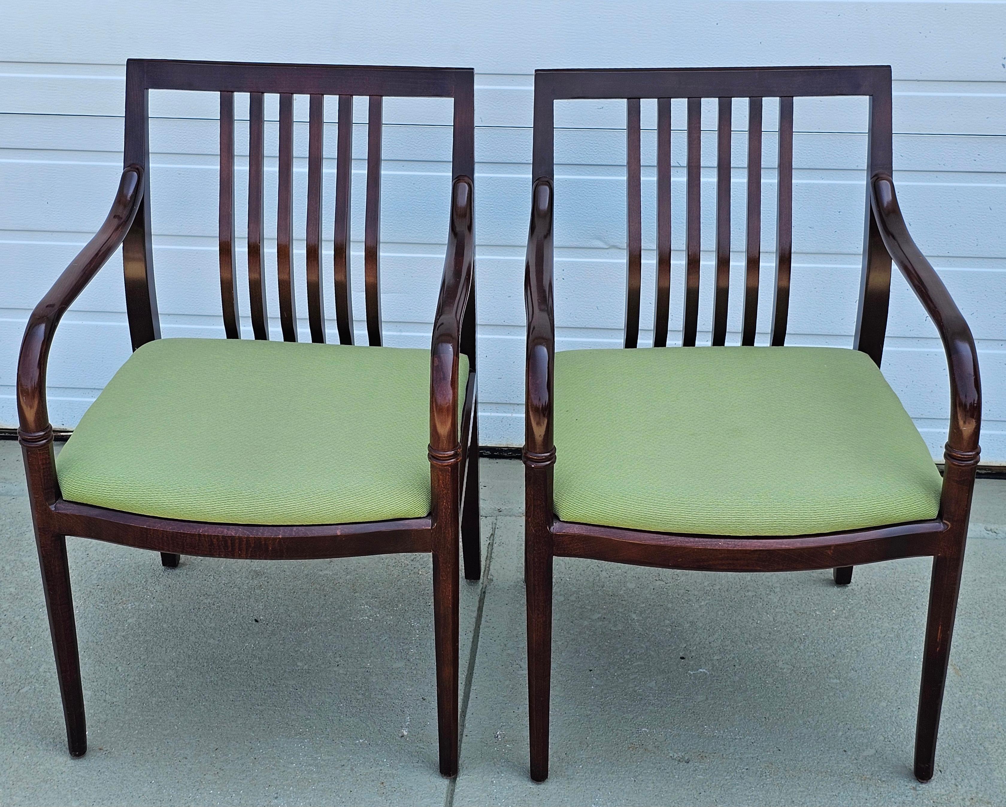 Stained Pair of Georgian Style Fruitwood and Green Upholstered Open Armchairs For Sale