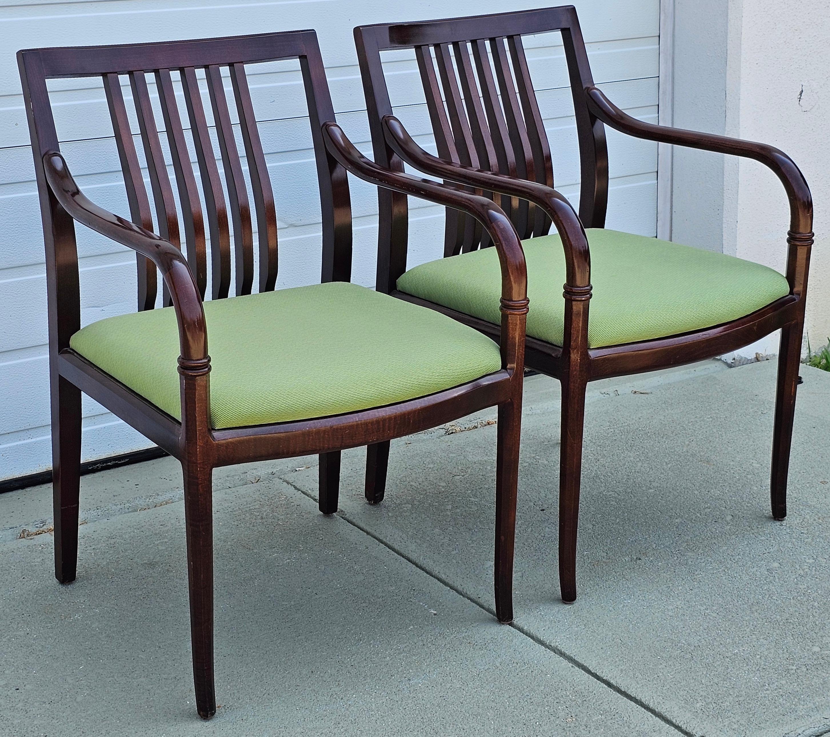 20th Century Pair of Georgian Style Fruitwood and Green Upholstered Open Armchairs For Sale