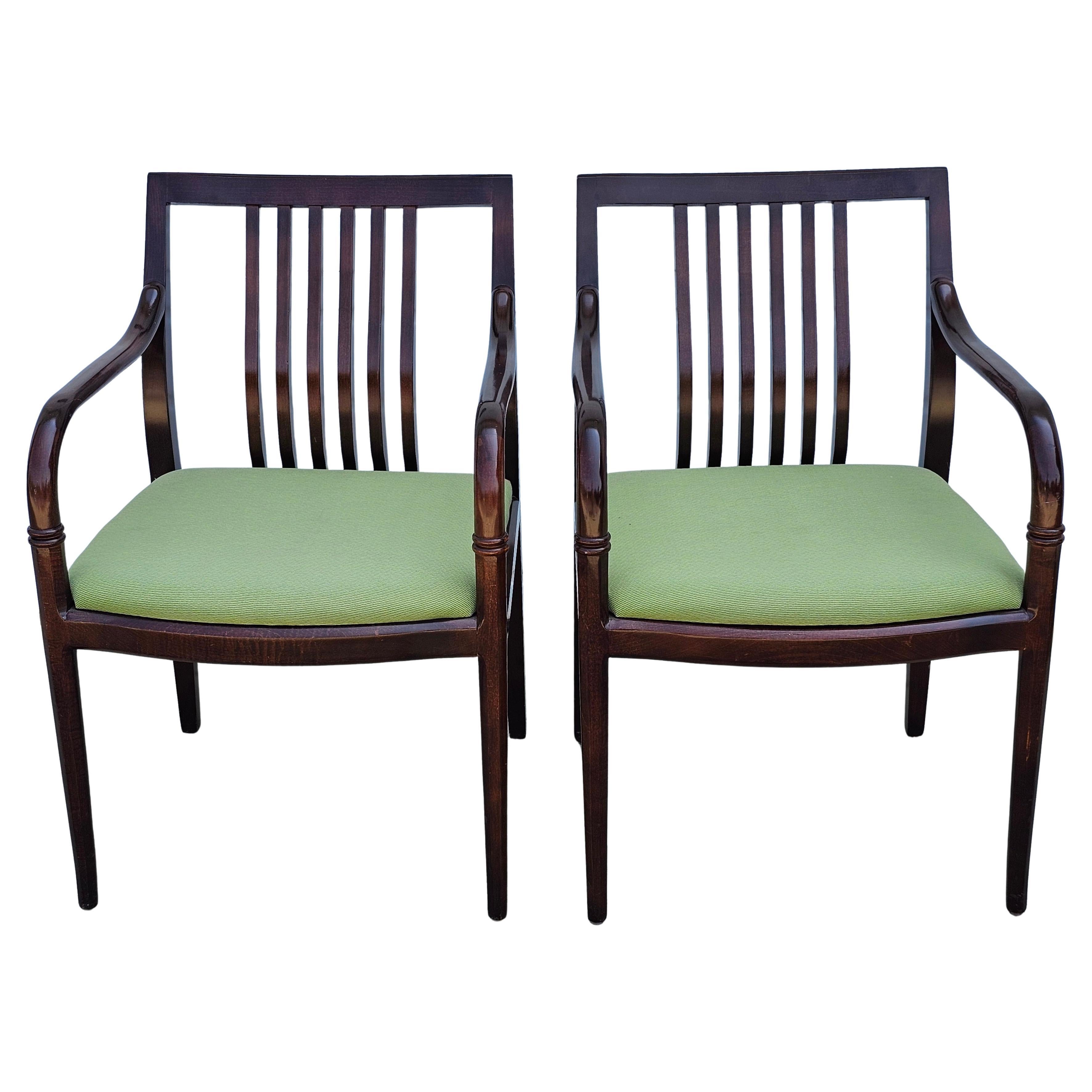 Pair of Georgian Style Fruitwood and Green Upholstered Open Armchairs For Sale