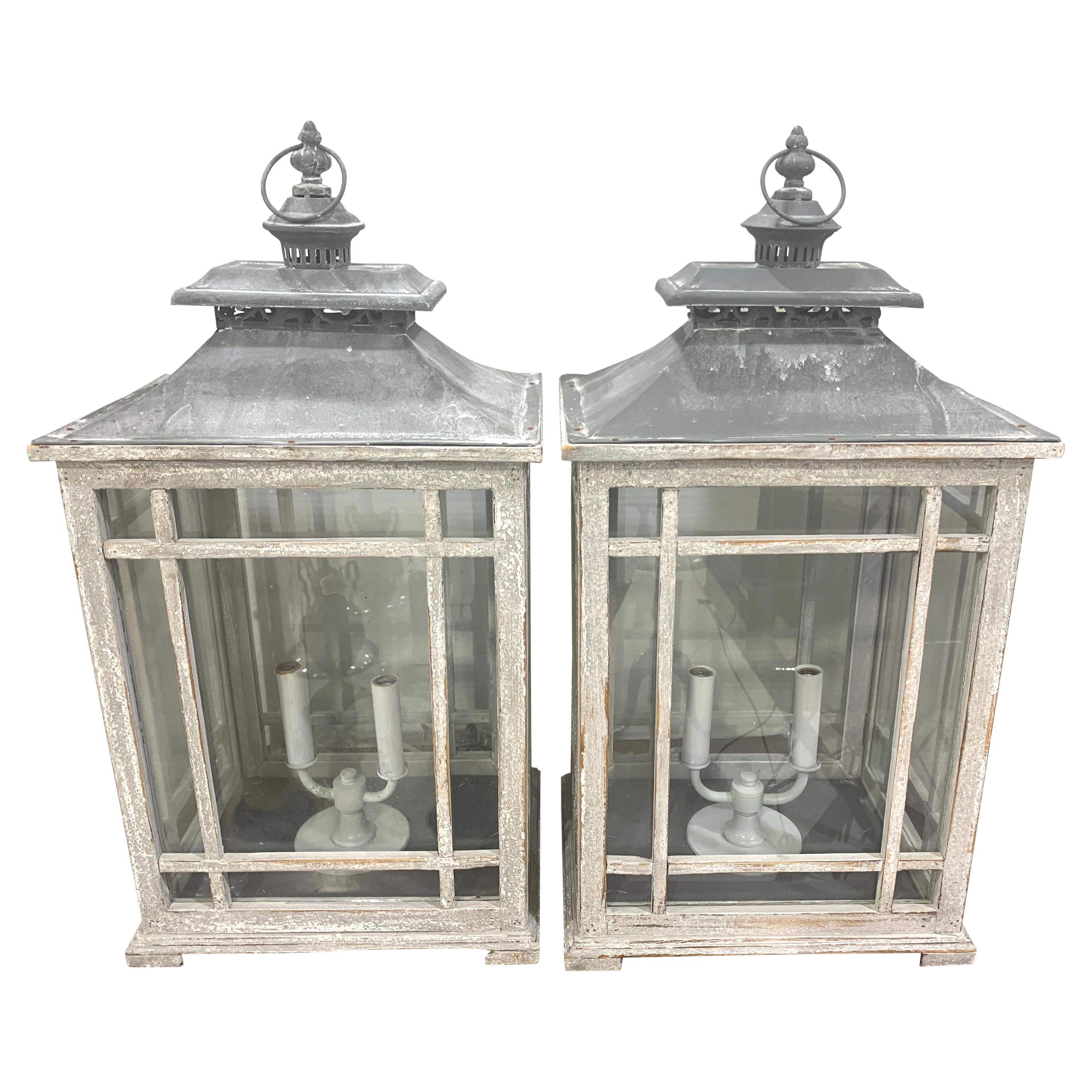 Pair of Georgian Style Grey Painted Lanterns For Sale