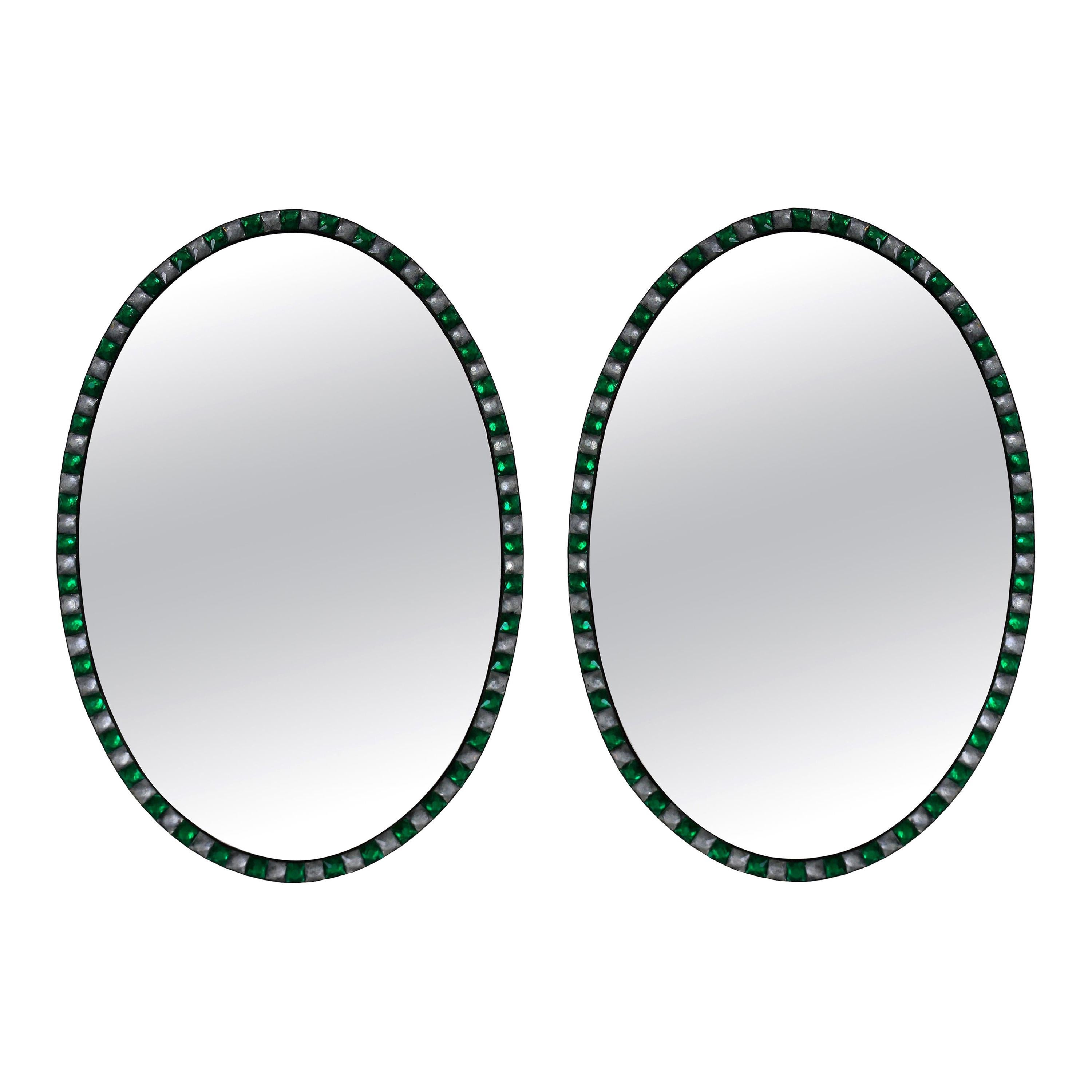 Pair of Georgian Style Irish Mirrors Studded with Emerald Glass and Rock Crystal