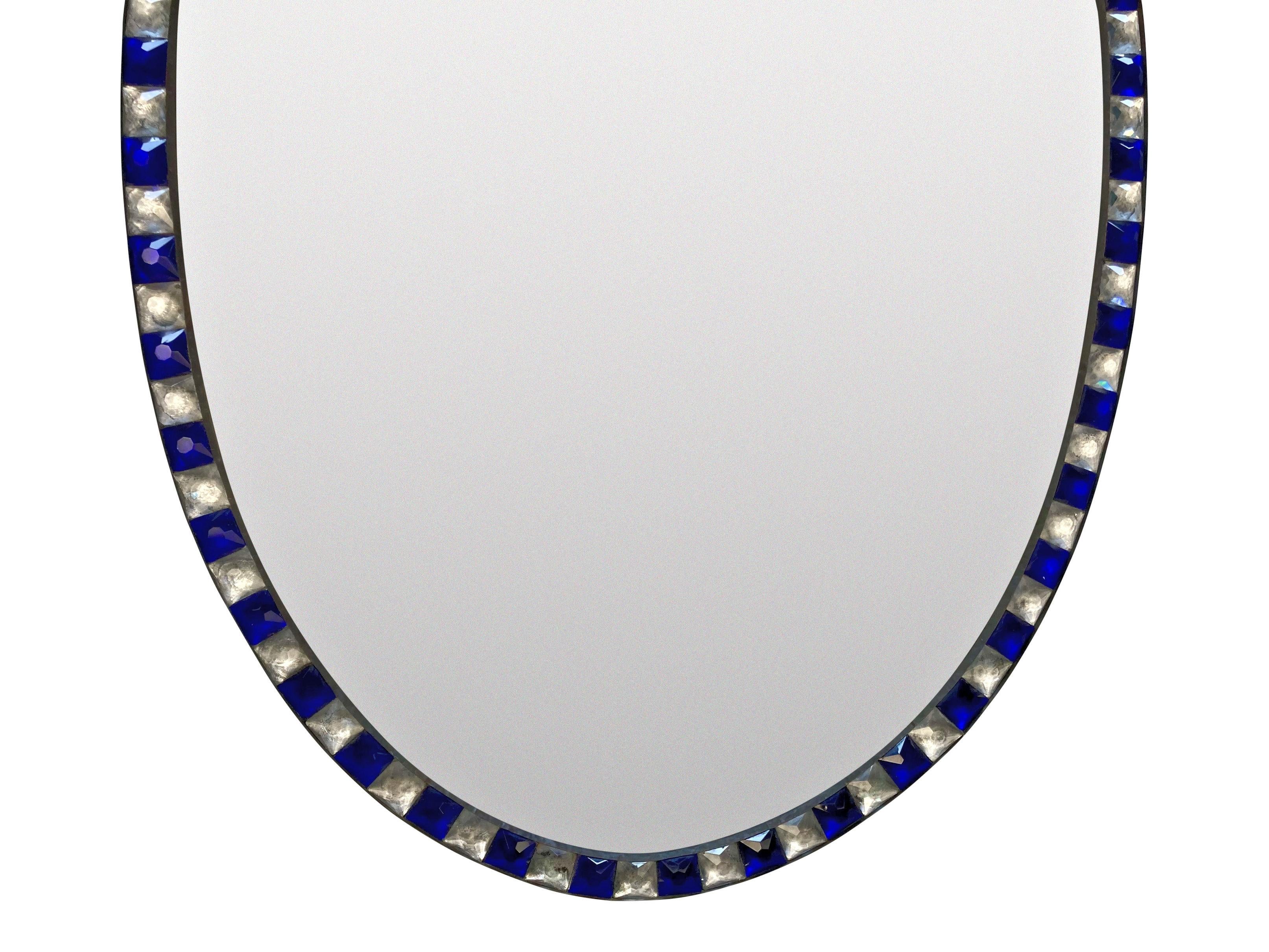 Late 20th Century Pair of Georgian Style Irish Mirrors with Blue Glass & Rock Crystal Borders For Sale