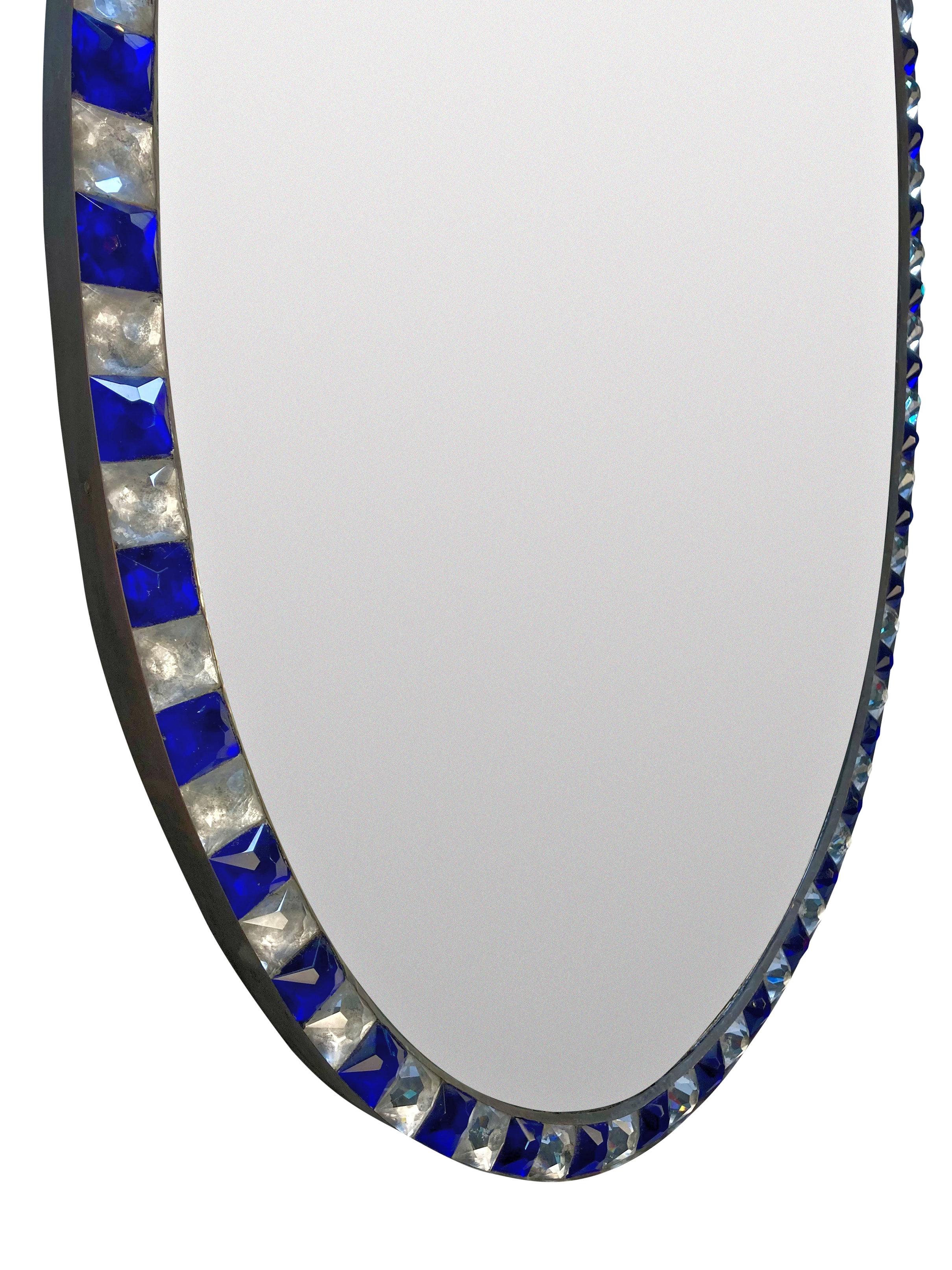 Copper Pair of Georgian Style Irish Mirrors with Blue Glass & Rock Crystal Borders For Sale