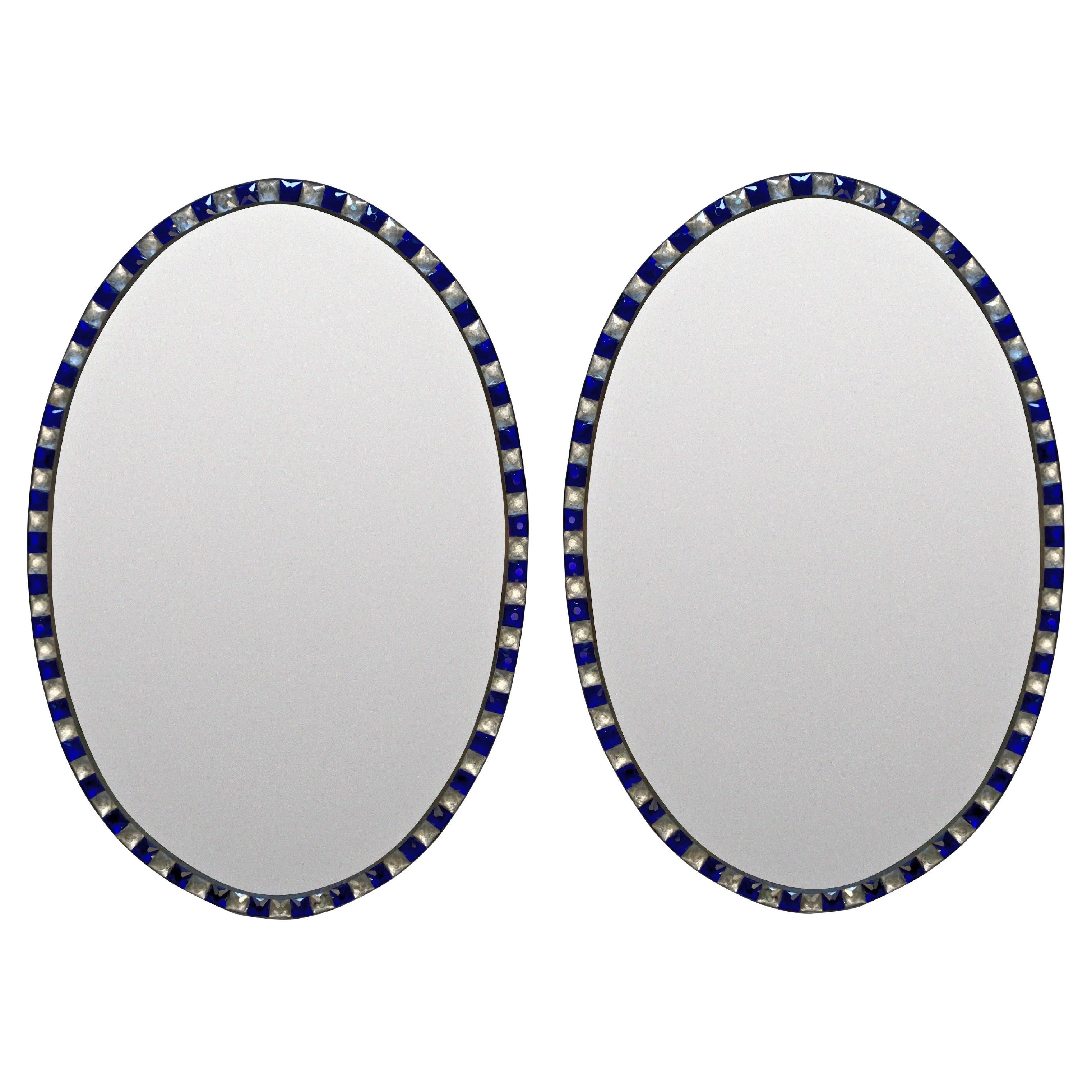 Pair of Georgian Style Irish Mirrors with Blue Glass & Rock Crystal Borders For Sale