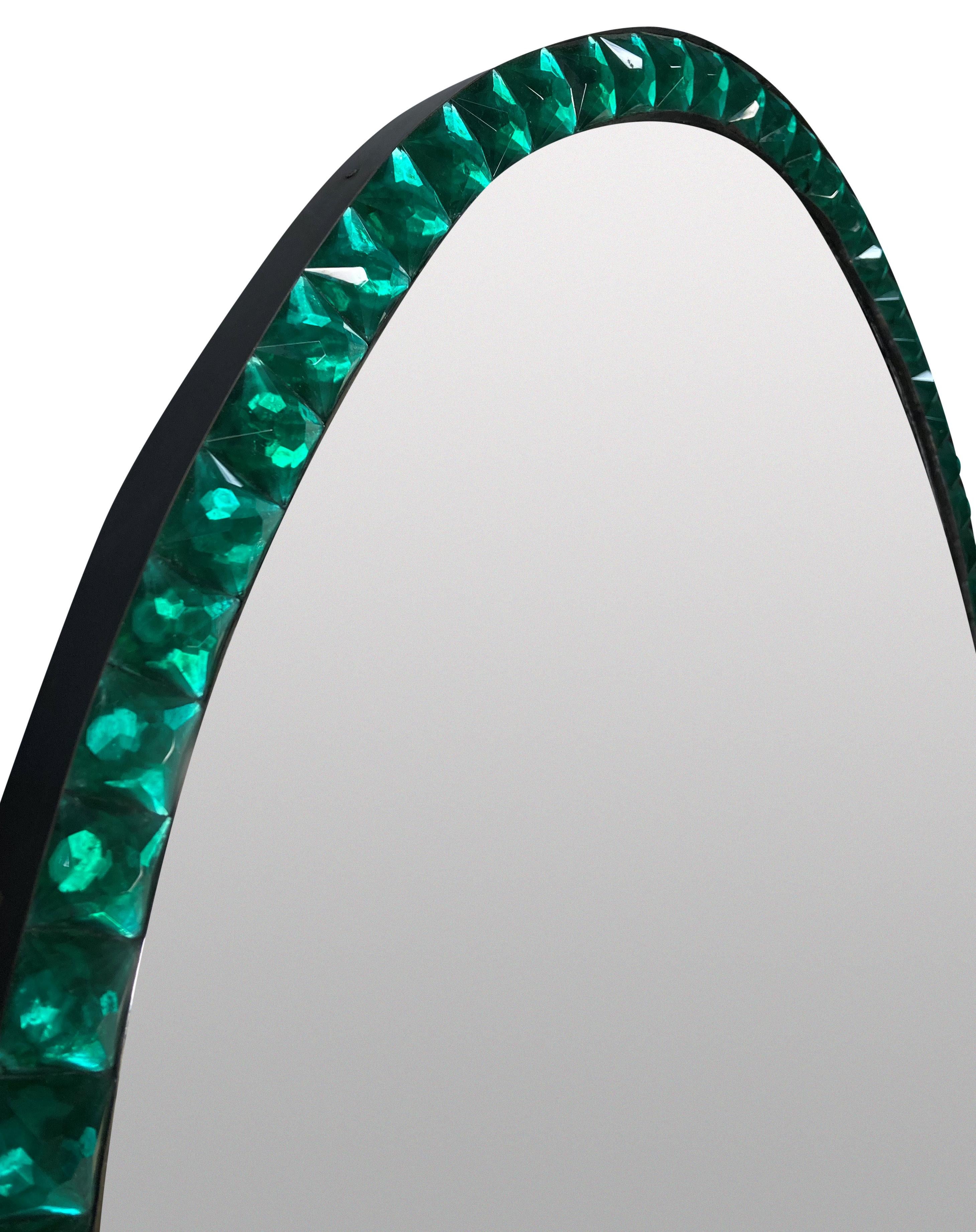 Late 20th Century Pair Of Georgian Style Irish Mirrors With Emerald Glass Faeted Borders