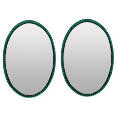 Vintage Pair Of Georgian Style Irish Mirrors With Emerald Glass Faeted Borders