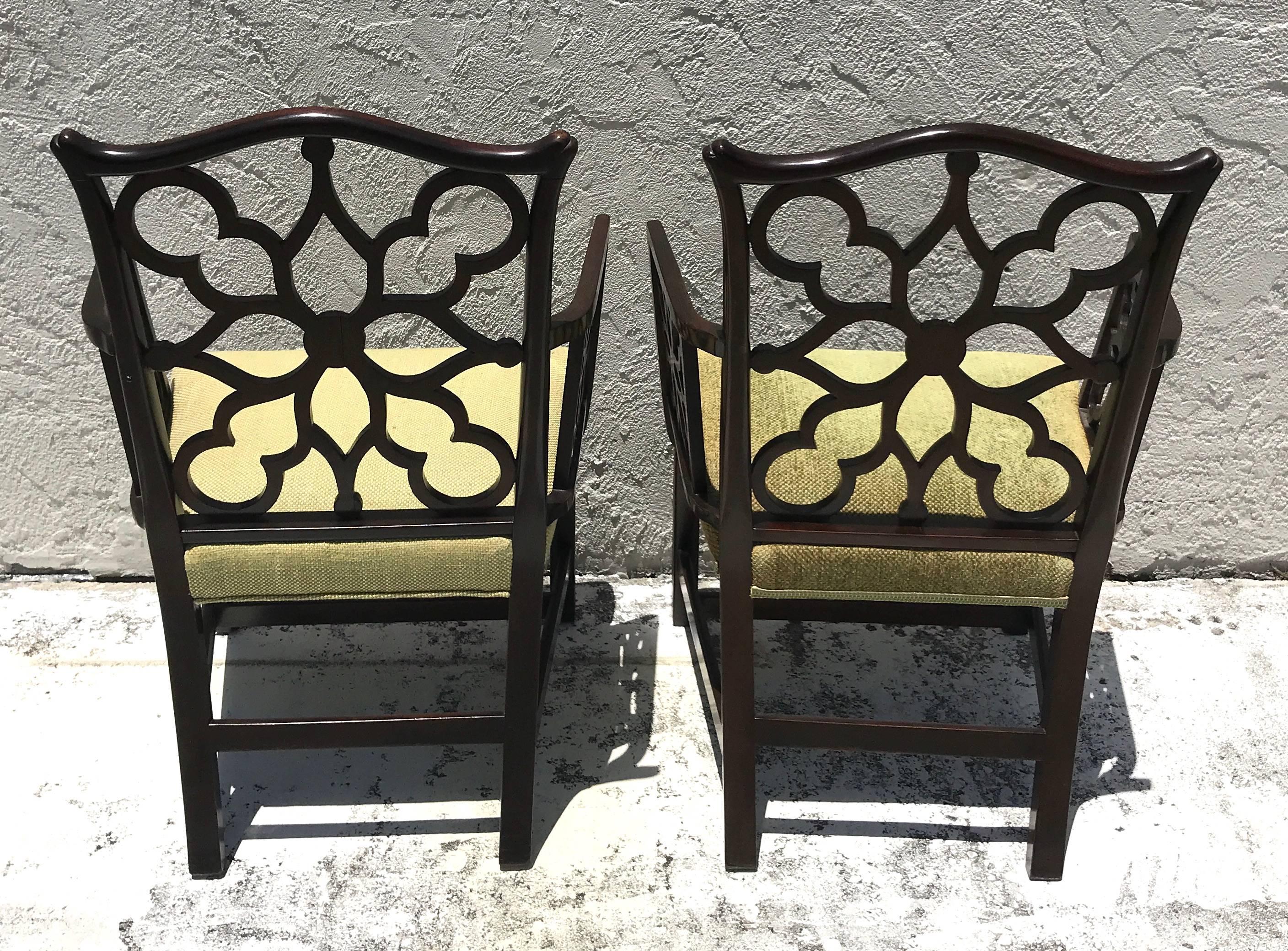 Carved Pair of Georgian Style Lattice Armchairs