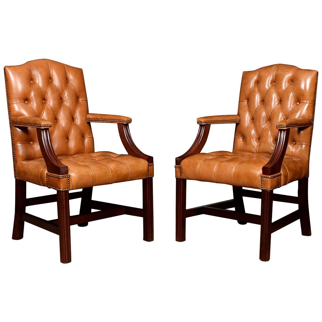 Pair of Georgian Style Leather Gainsborough Library Chairs