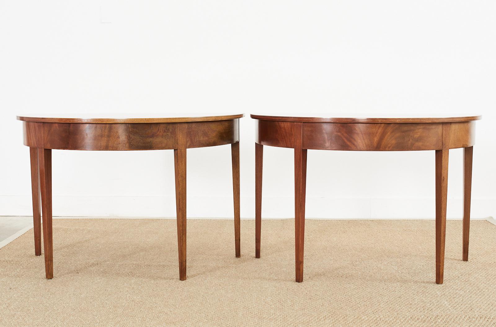 English Pair of Georgian Style Mahogany Demilune Console Tables 