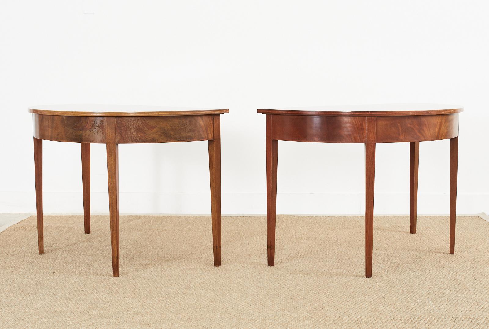 19th Century Pair of Georgian Style Mahogany Demilune Console Tables 