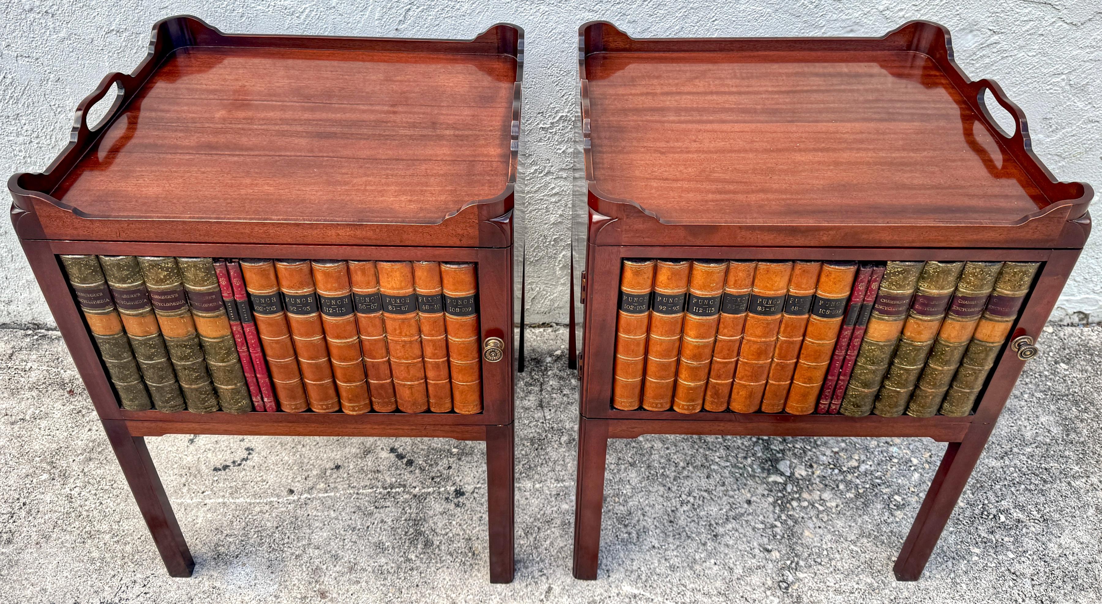 English Pair of Georgian Style Mahogany & Leather Book Spine Front End Tables  For Sale