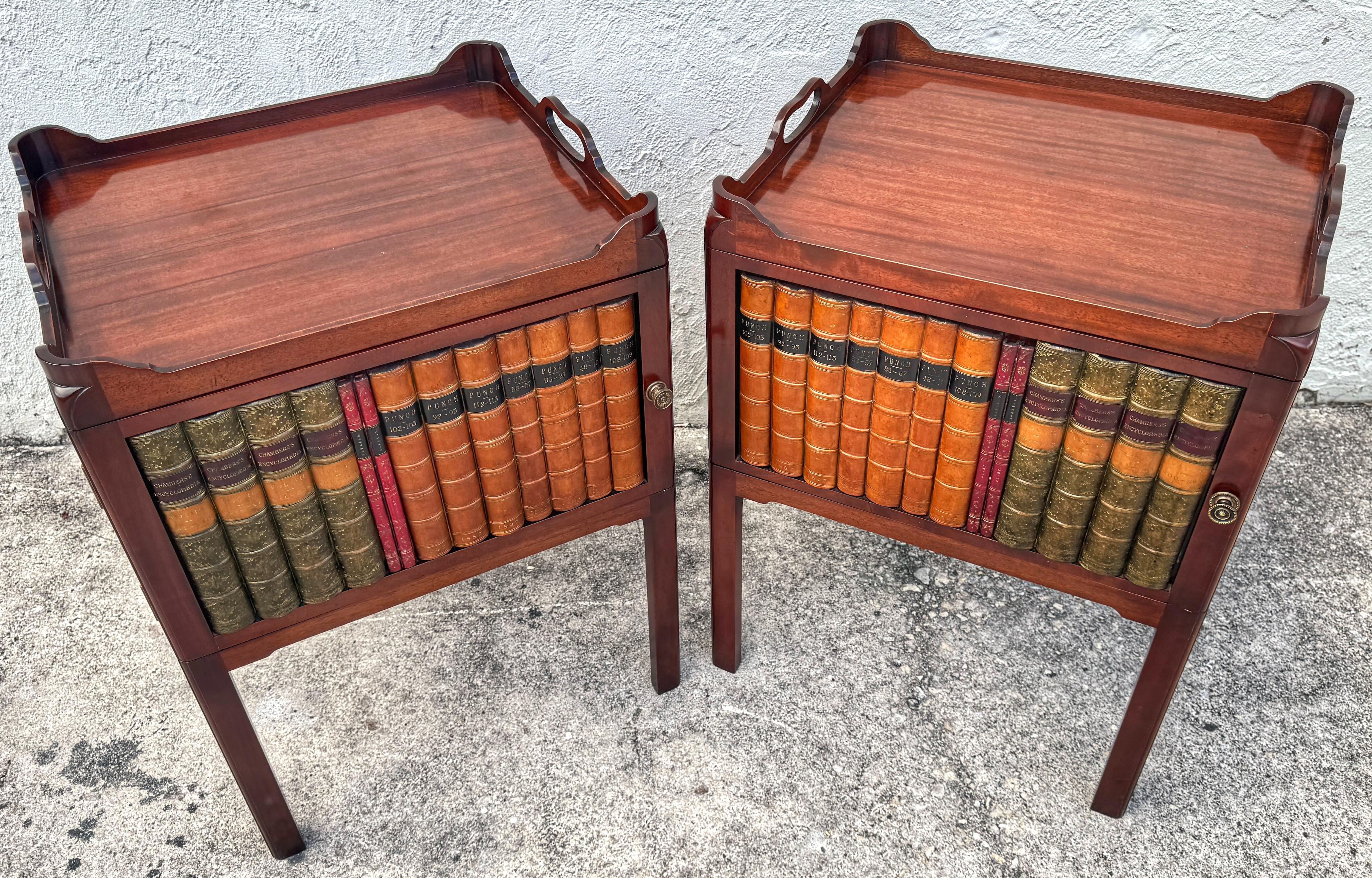 Pair of Georgian Style Mahogany & Leather Book Spine Front End Tables  For Sale 3