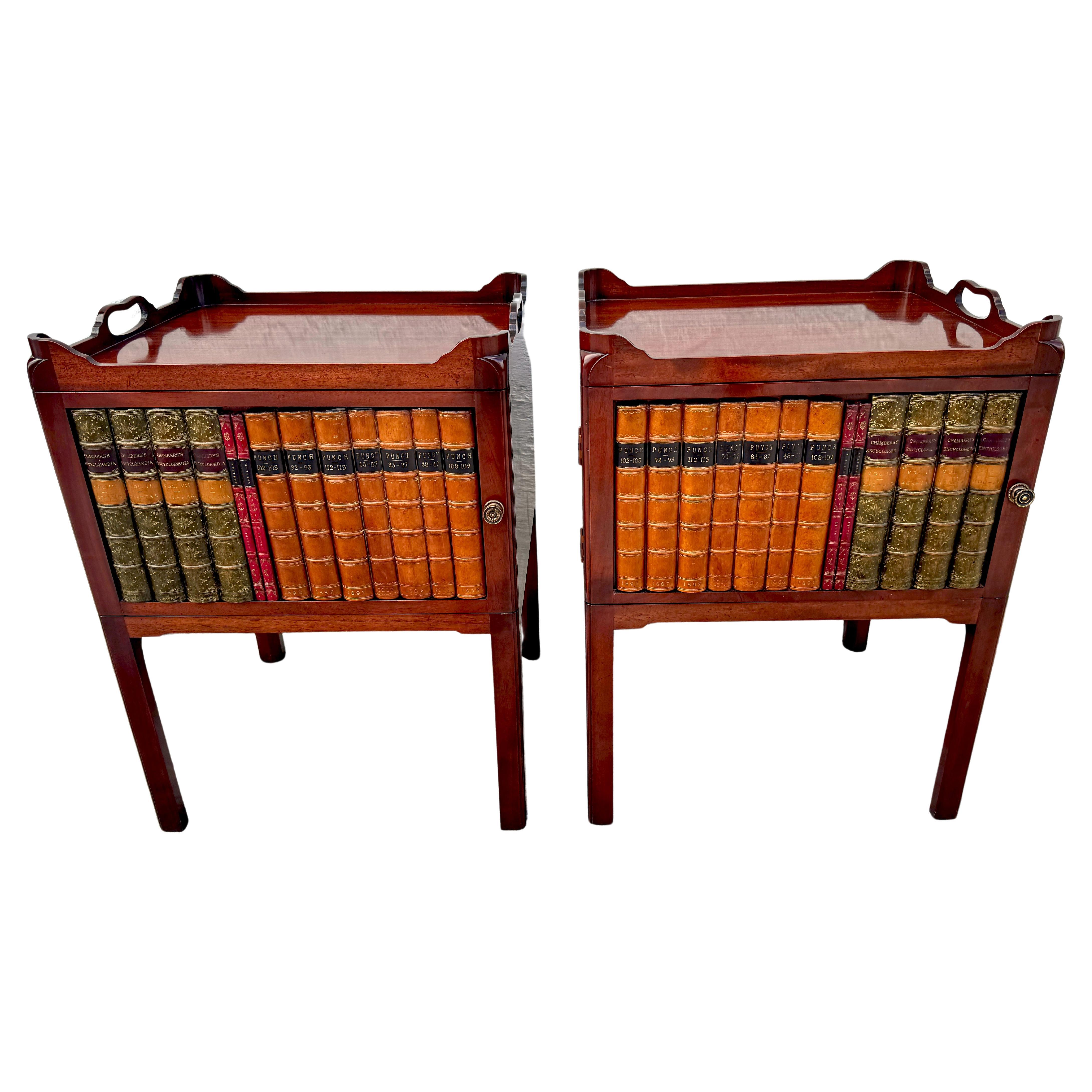 Pair of Georgian Style Mahogany & Leather Book Spine Front End Tables  For Sale