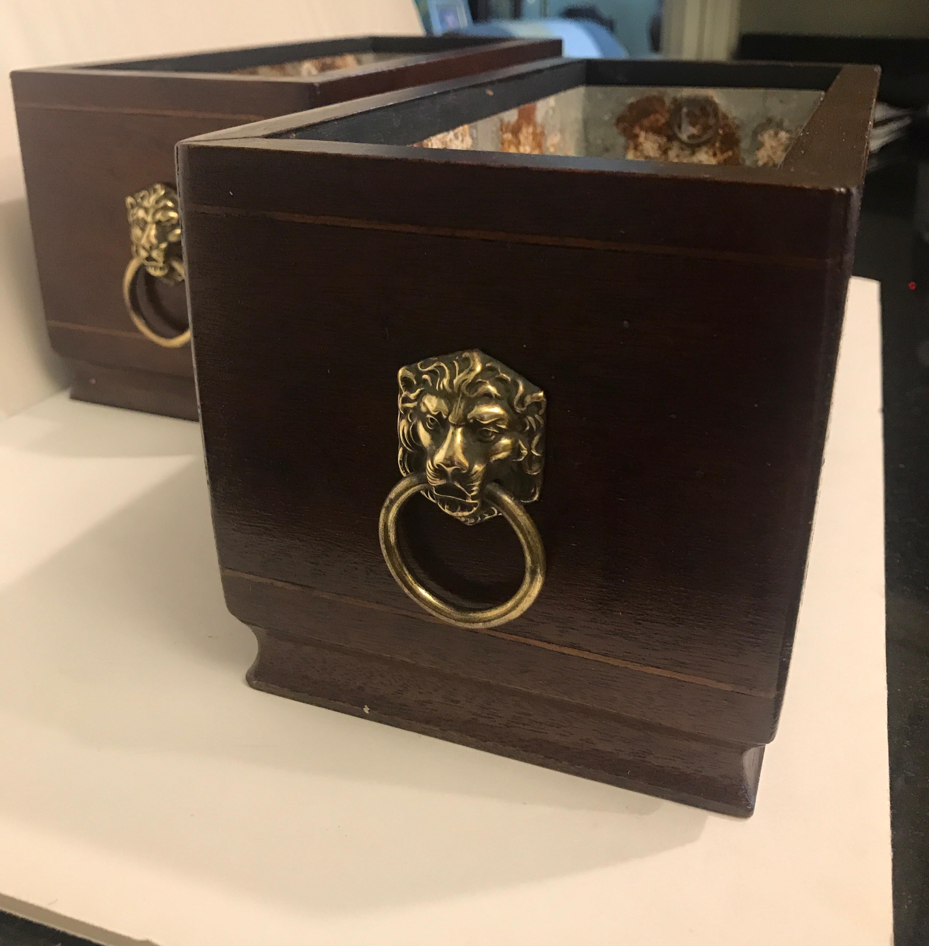 Brass Pair of Georgian Style Mahogany Lined Box Planters