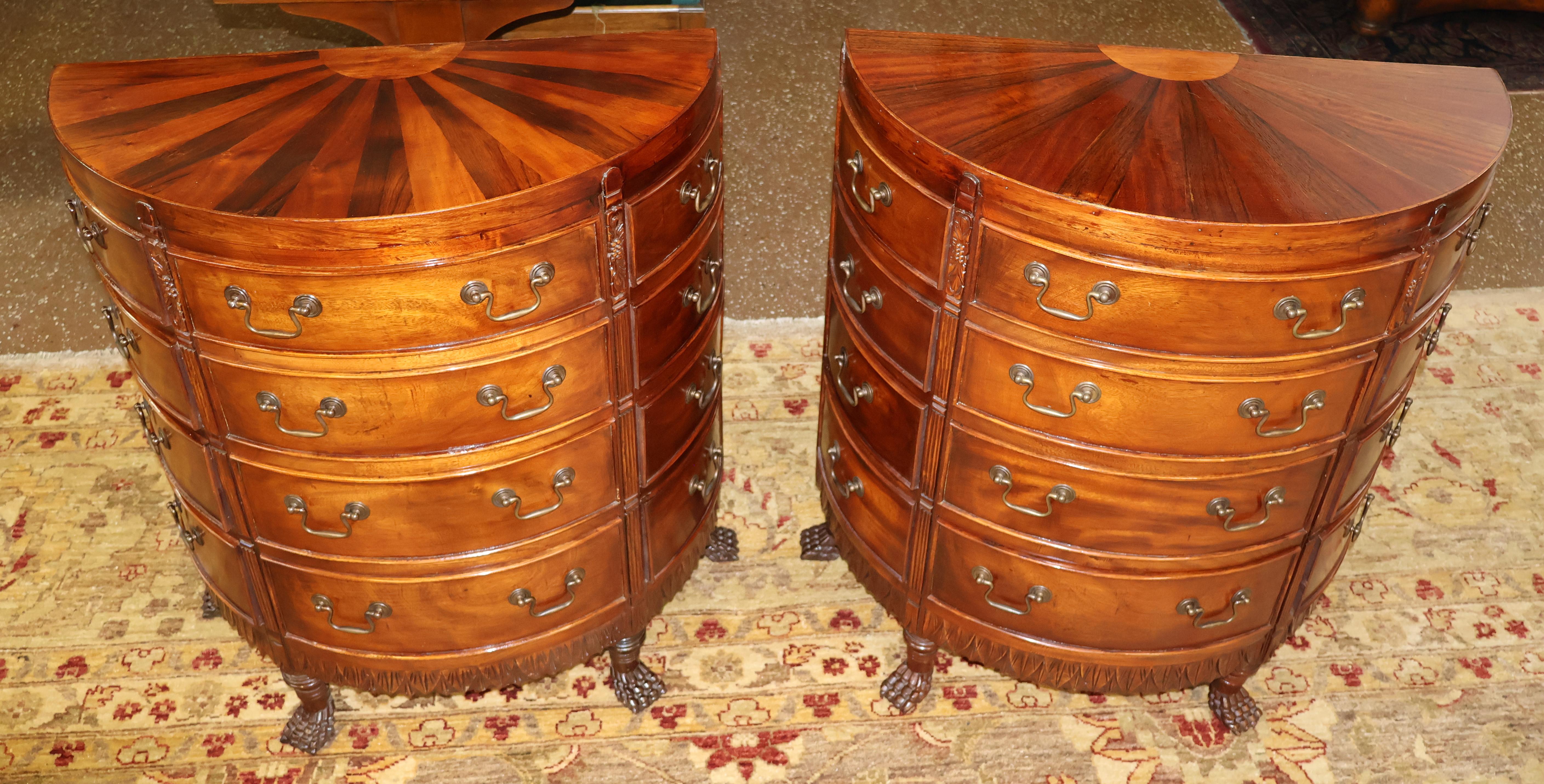 Pair of Georgian Style Mahogany Sunburst Pattern Demilune Chest of Drawers

Dimensions : 26.5