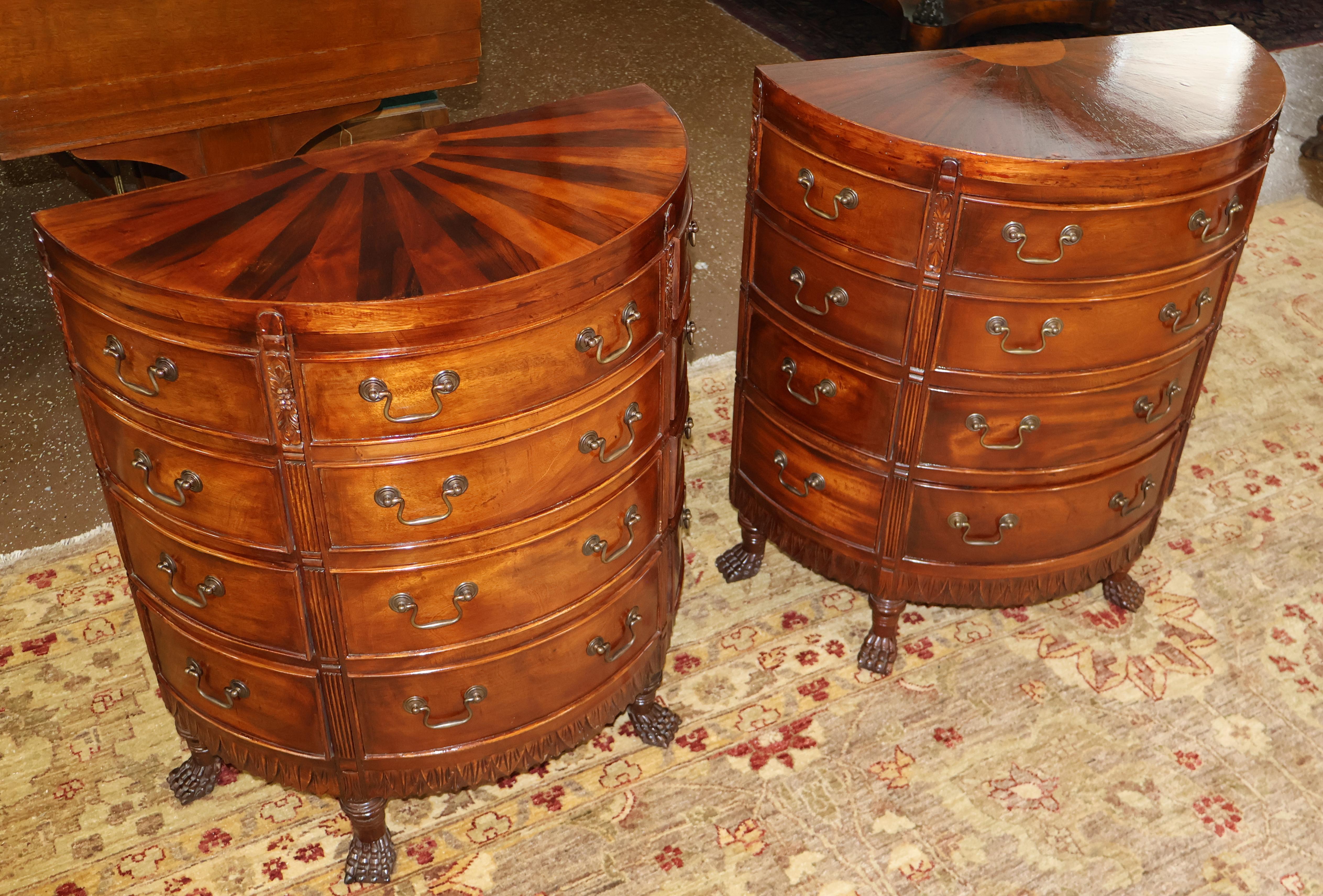 Unknown Pair of Georgian Style Mahogany Sunburst Demilune Nightstand Chest of Drawers