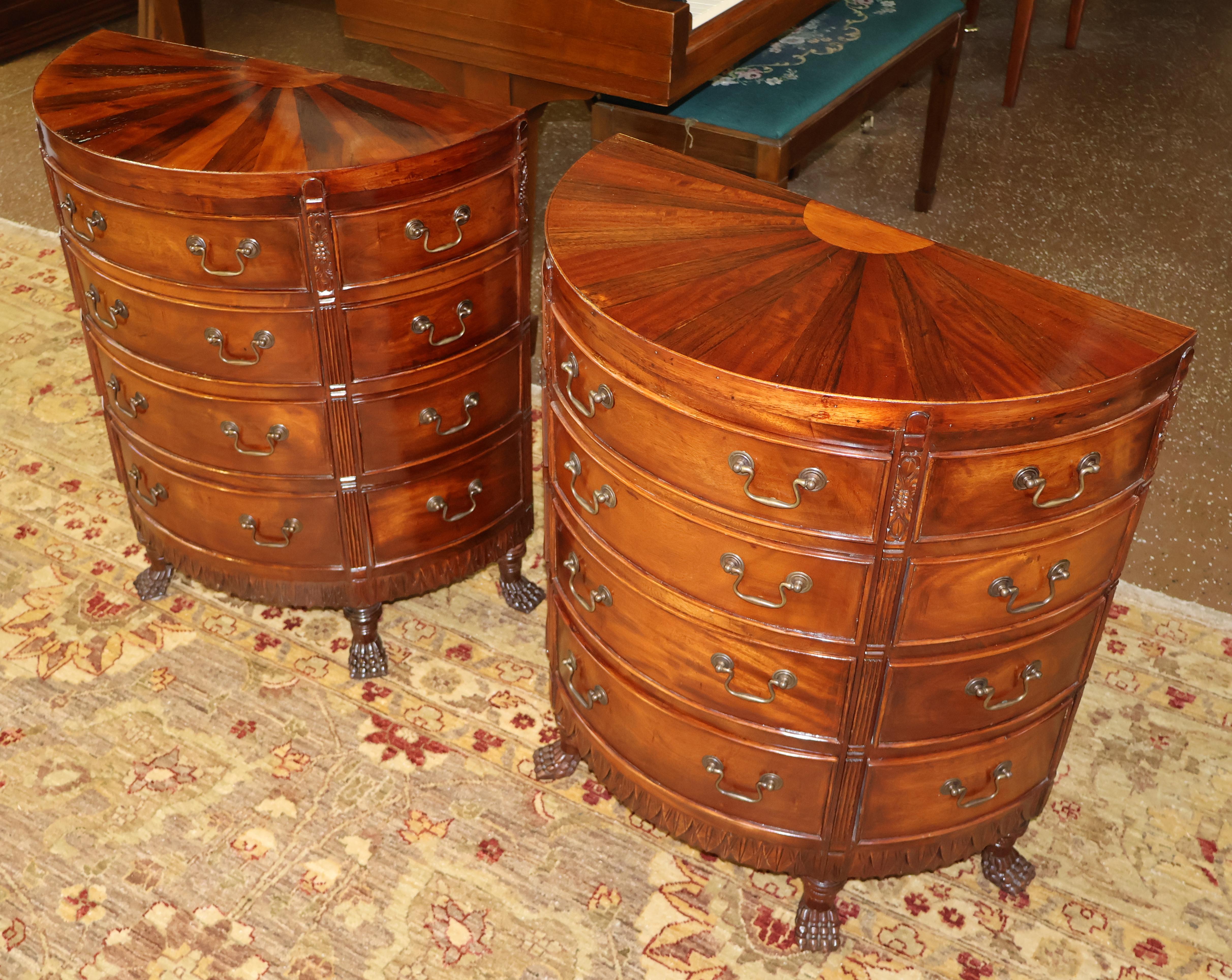 Pair of Georgian Style Mahogany Sunburst Demilune Nightstand Chest of Drawers In Good Condition In Long Branch, NJ