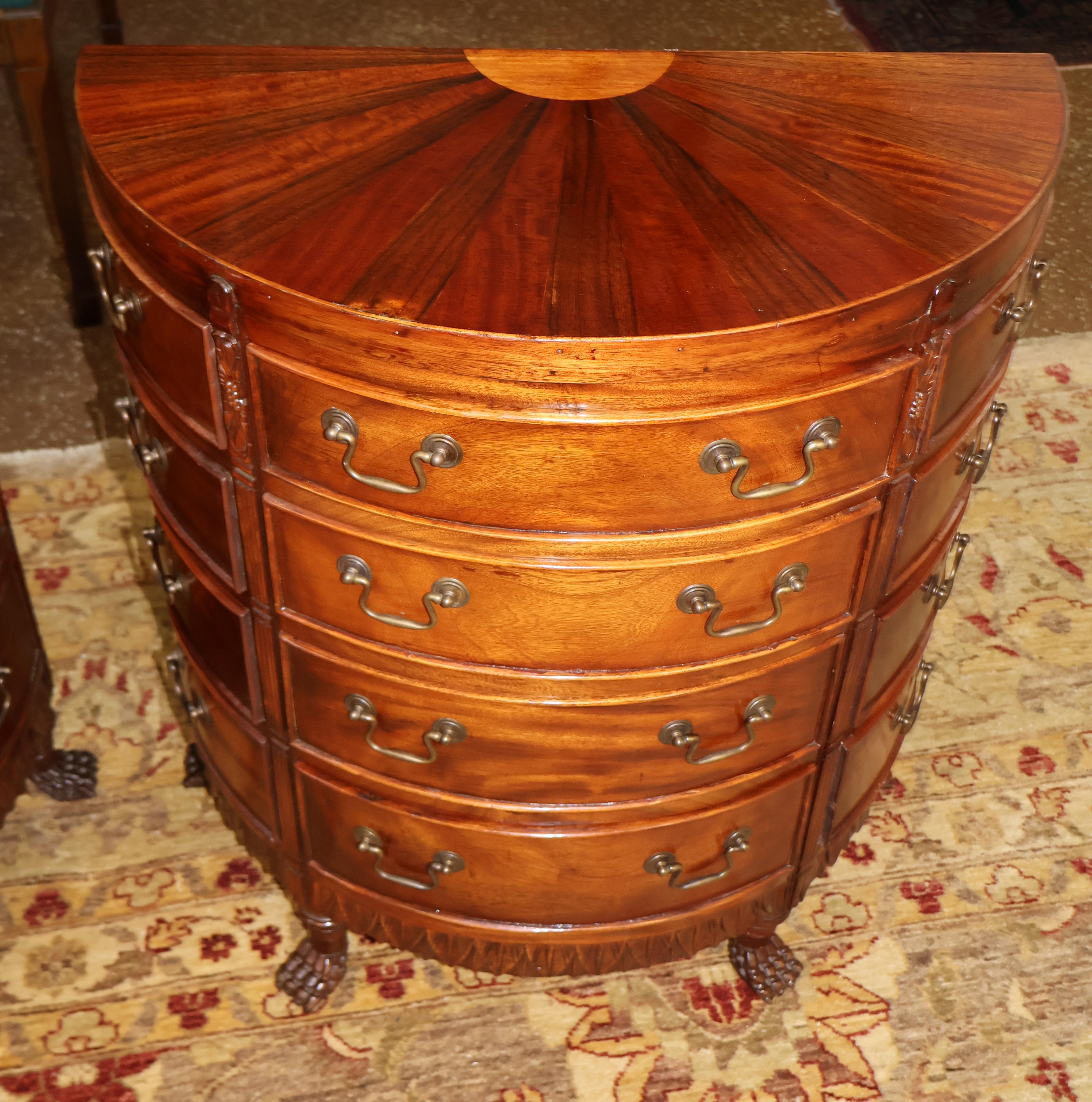 Late 20th Century Pair of Georgian Style Mahogany Sunburst Demilune Nightstand Chest of Drawers