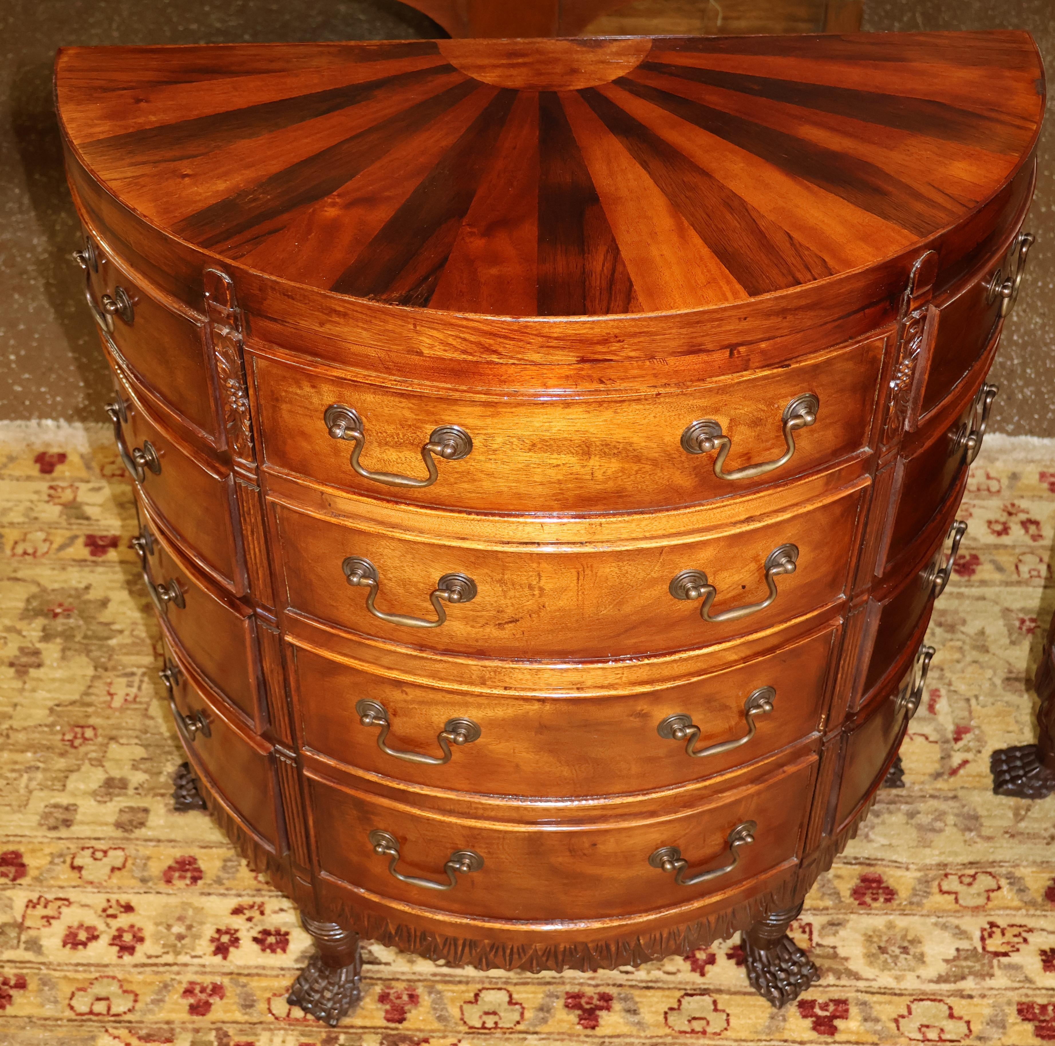 Pair of Georgian Style Mahogany Sunburst Demilune Nightstand Chest of Drawers 1