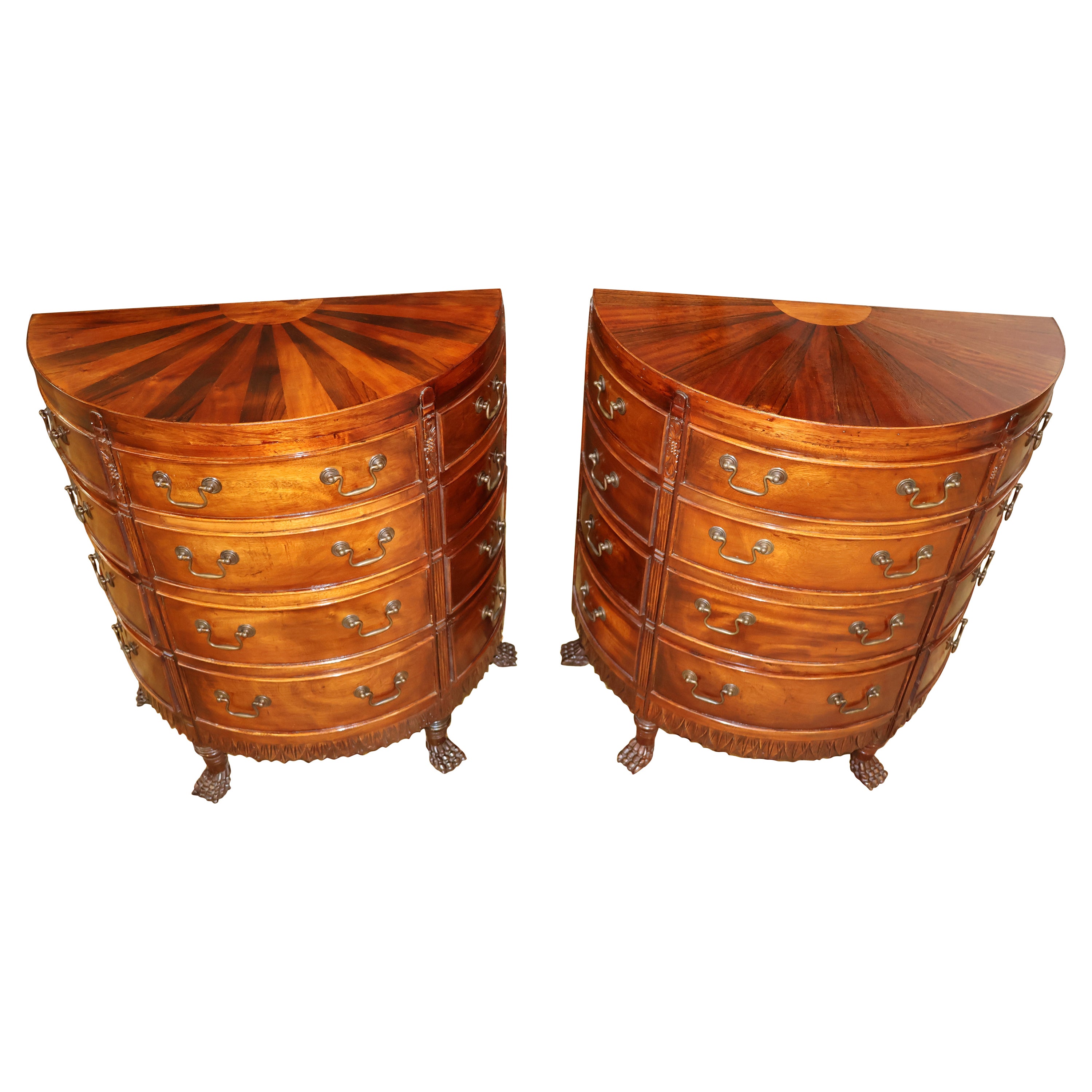 Pair of Georgian Style Mahogany Sunburst Demilune Nightstand Chest of Drawers