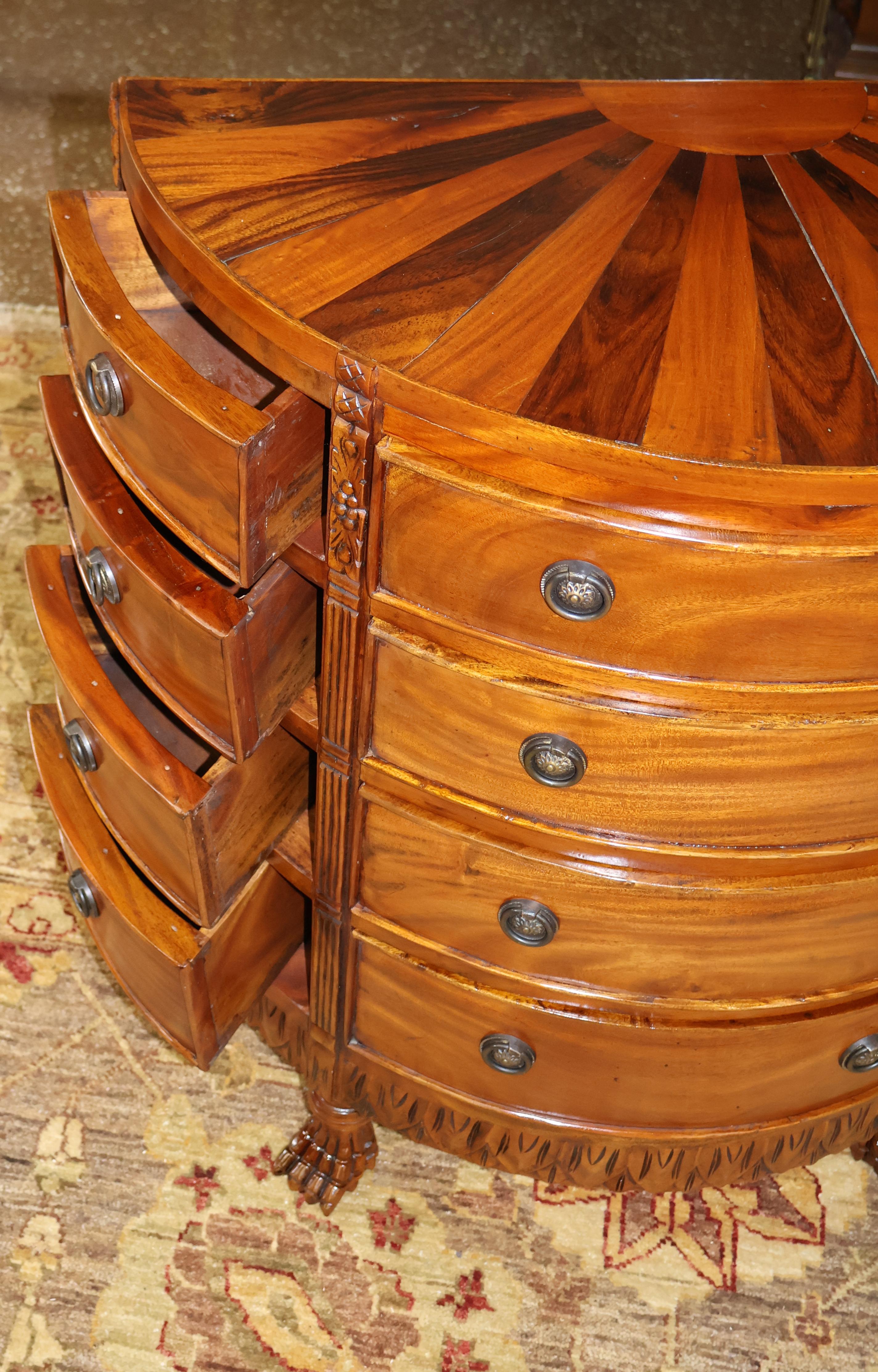  Pair of Georgian Style Mahogany Sunburst Pattern Demilune Chest of Drawers For Sale 5