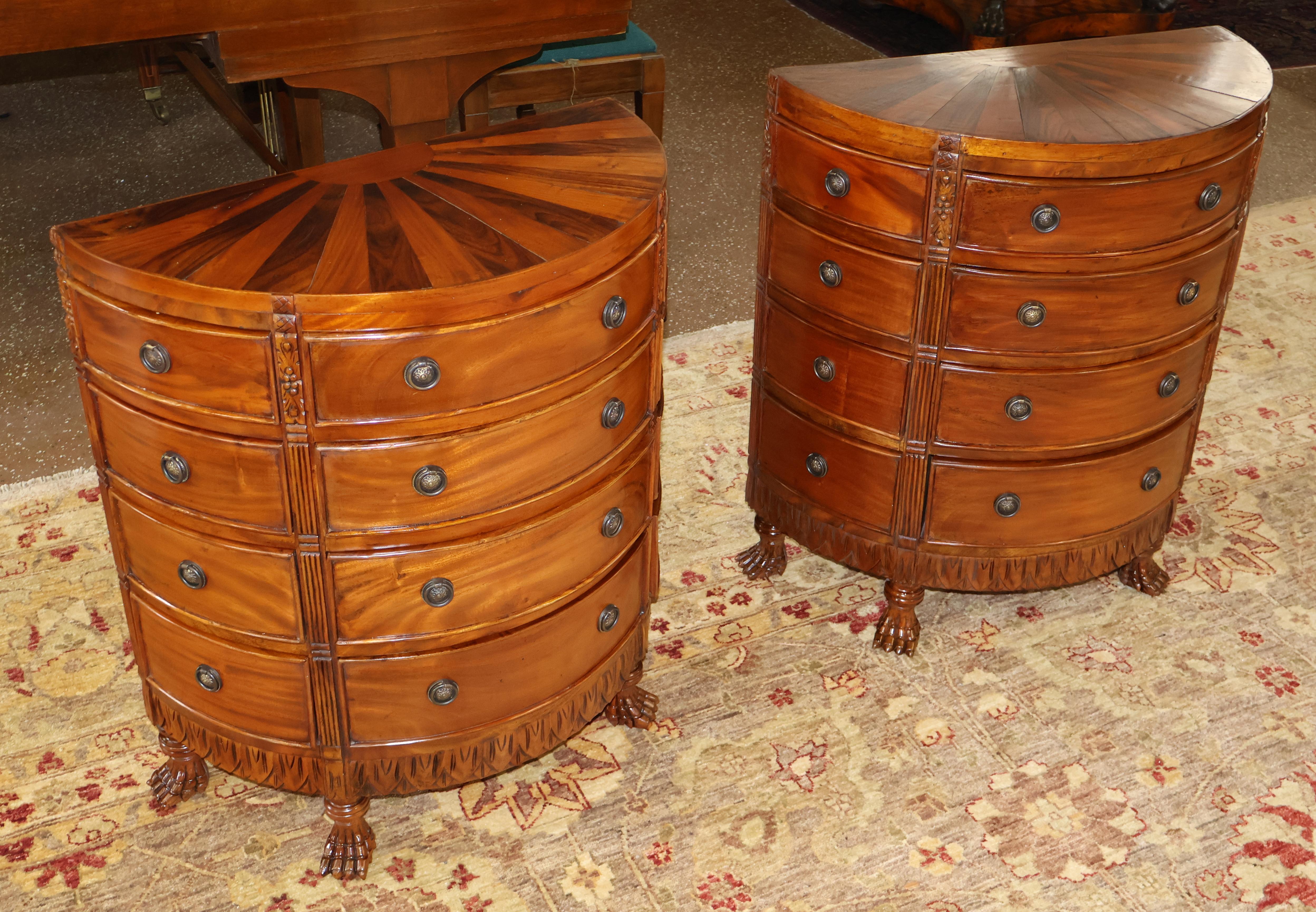Indonesian  Pair of Georgian Style Mahogany Sunburst Pattern Demilune Chest of Drawers For Sale