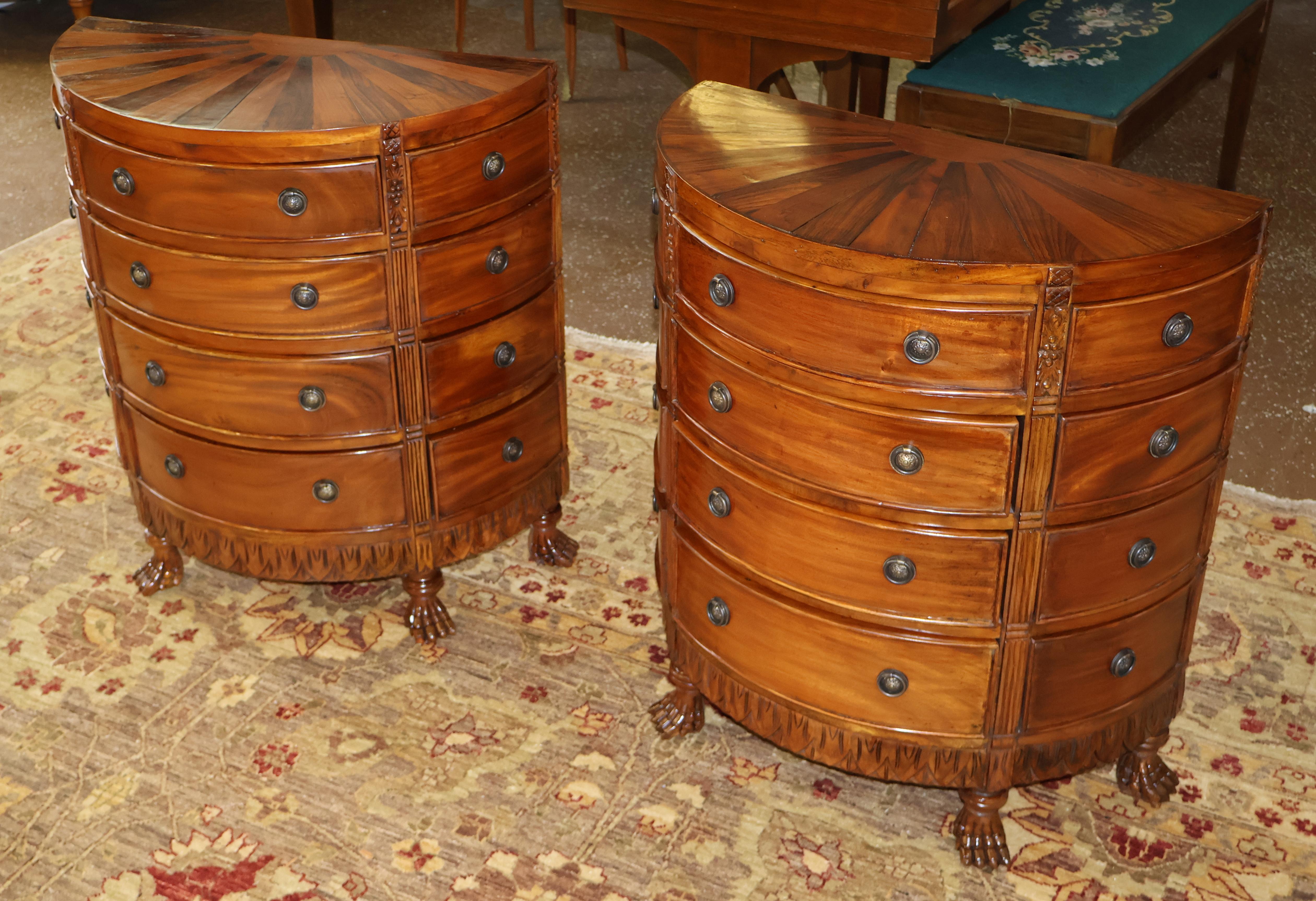  Pair of Georgian Style Mahogany Sunburst Pattern Demilune Chest of Drawers In Good Condition For Sale In Long Branch, NJ