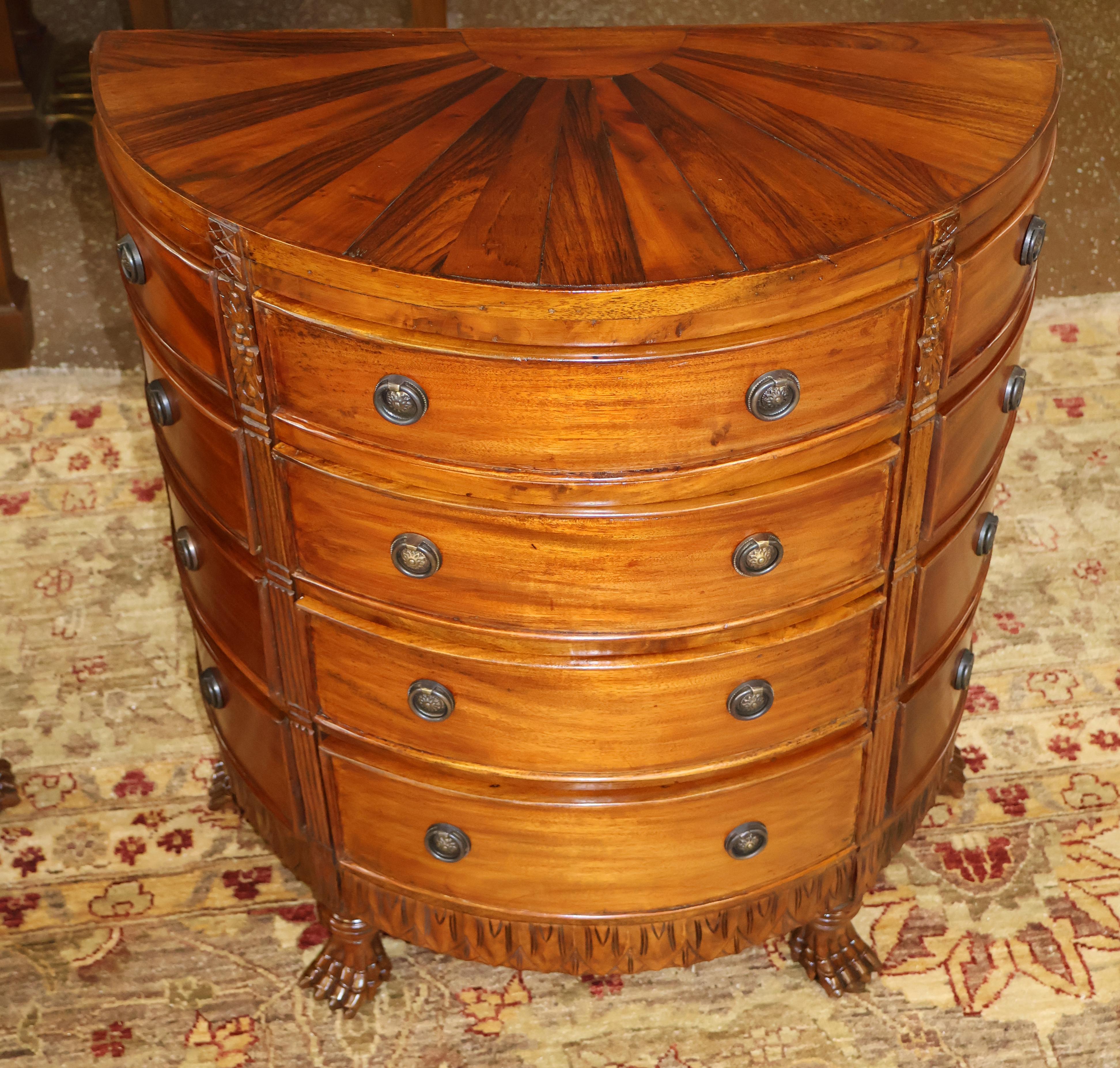 Late 20th Century  Pair of Georgian Style Mahogany Sunburst Pattern Demilune Chest of Drawers For Sale