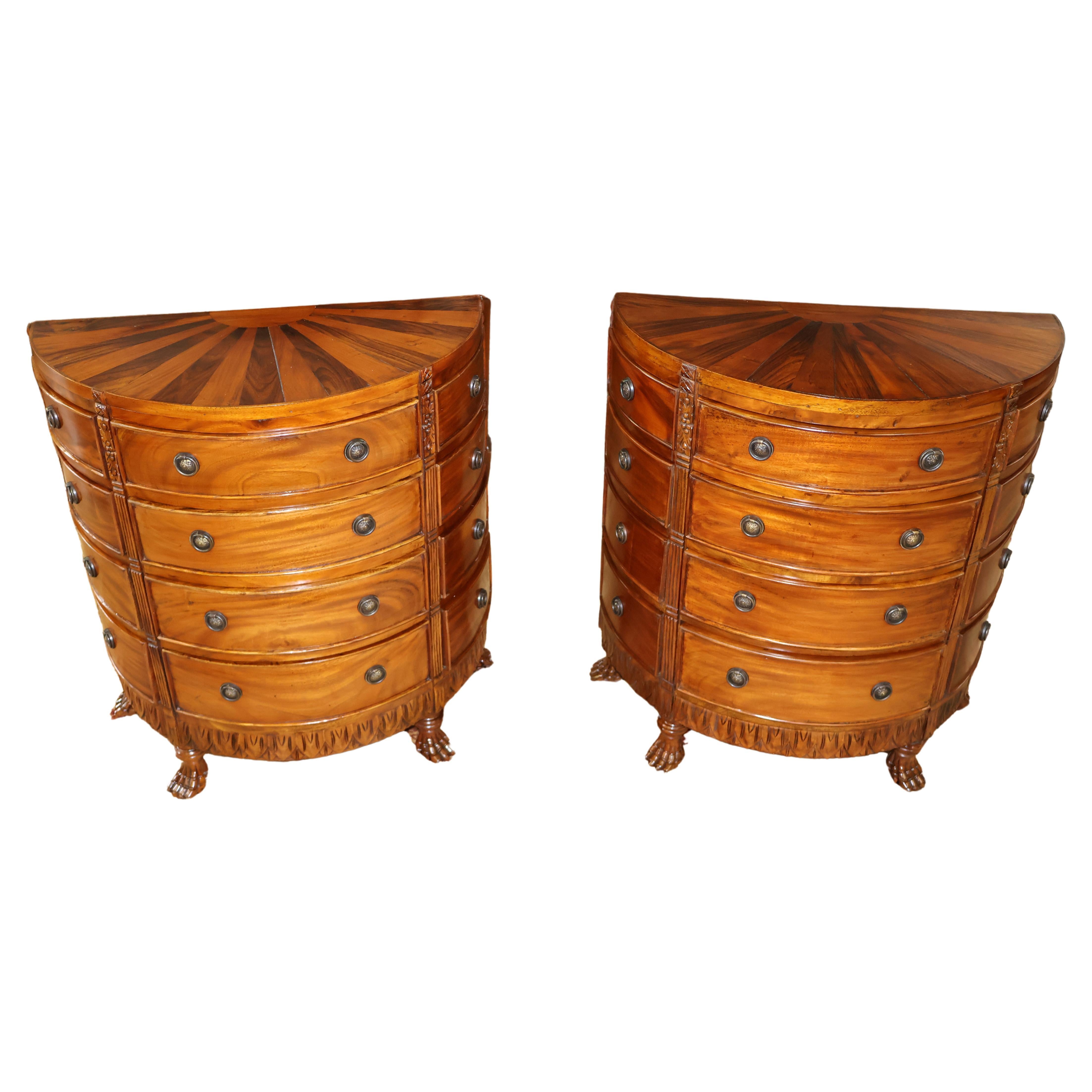  Pair of Georgian Style Mahogany Sunburst Pattern Demilune Chest of Drawers For Sale