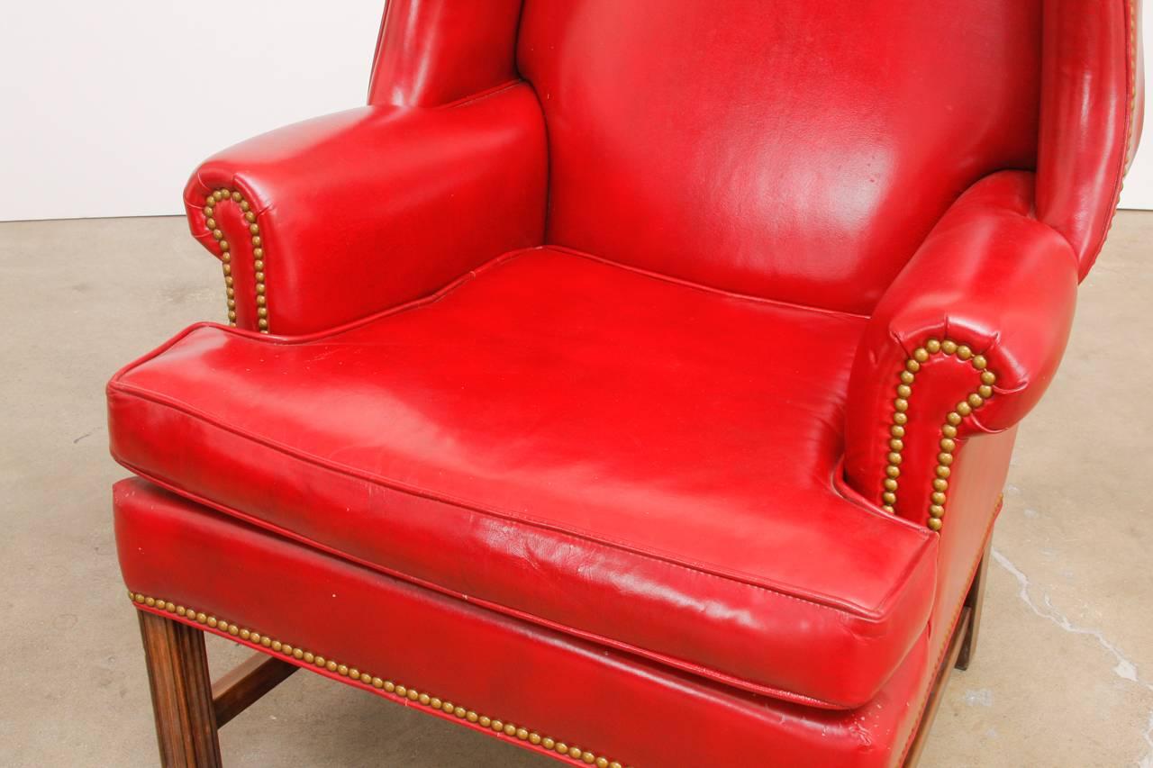 Pair of Georgian Style Red Leather Wingback Library Chairs 1