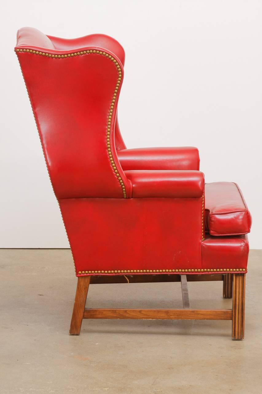 George III Pair of Georgian Style Red Leather Wingback Library Chairs