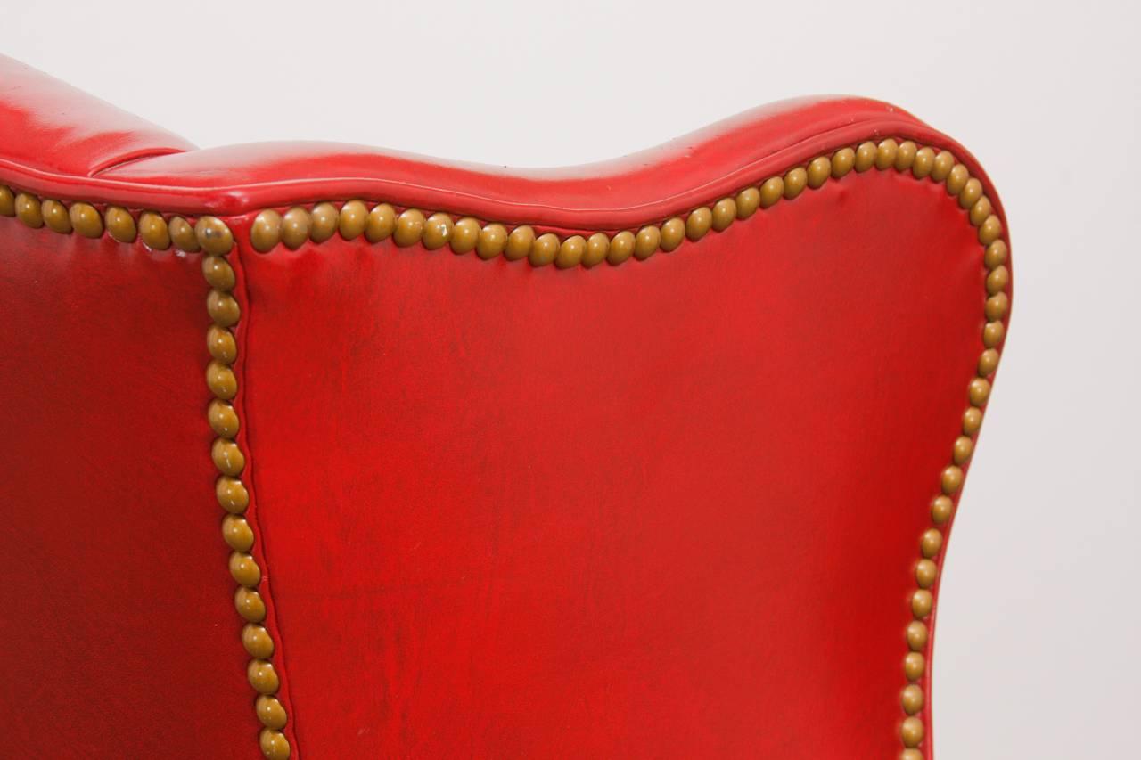 Hand-Crafted Pair of Georgian Style Red Leather Wingback Library Chairs