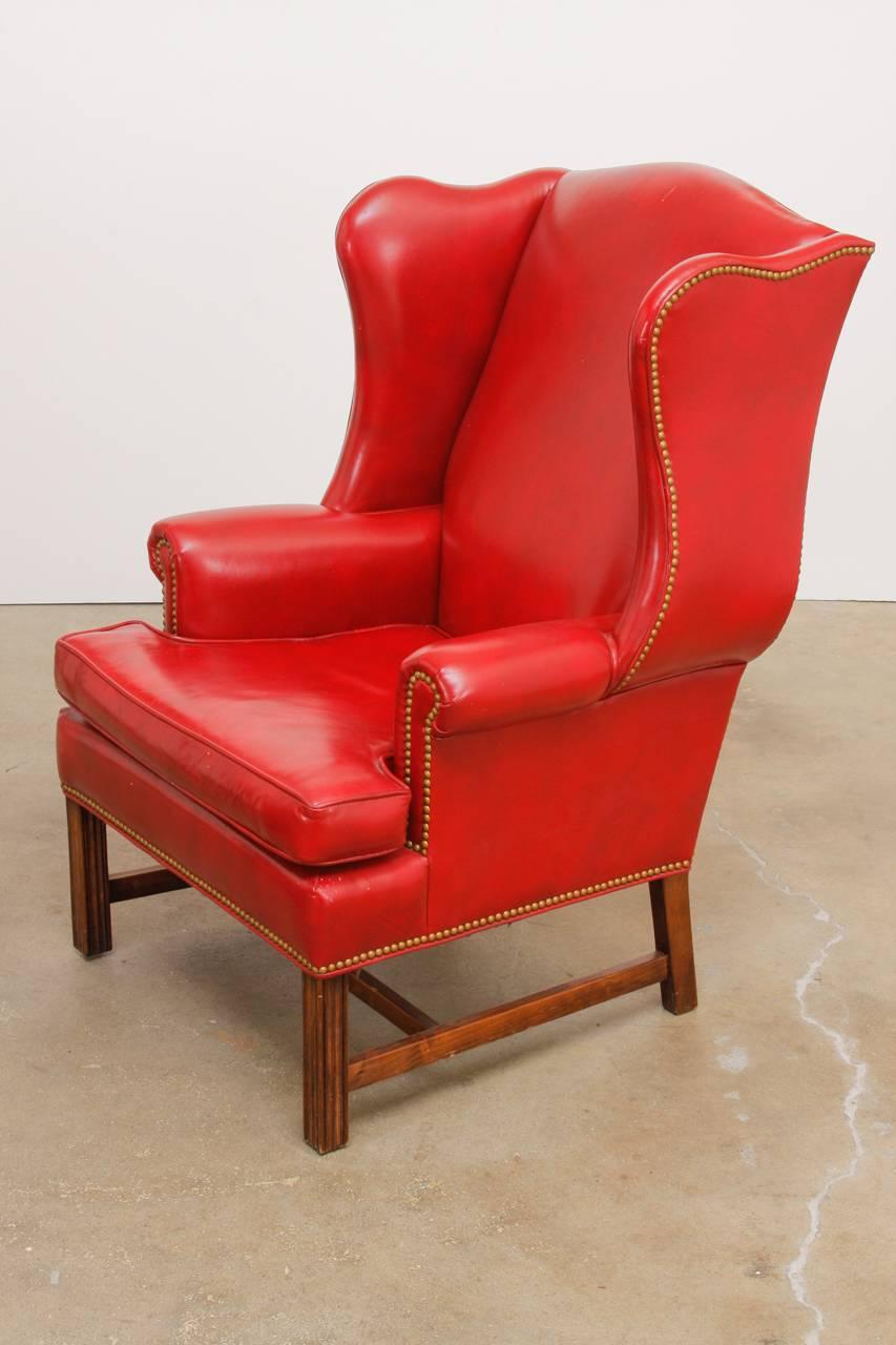 Pair of Georgian Style Red Leather Wingback Library Chairs In Good Condition In Rio Vista, CA