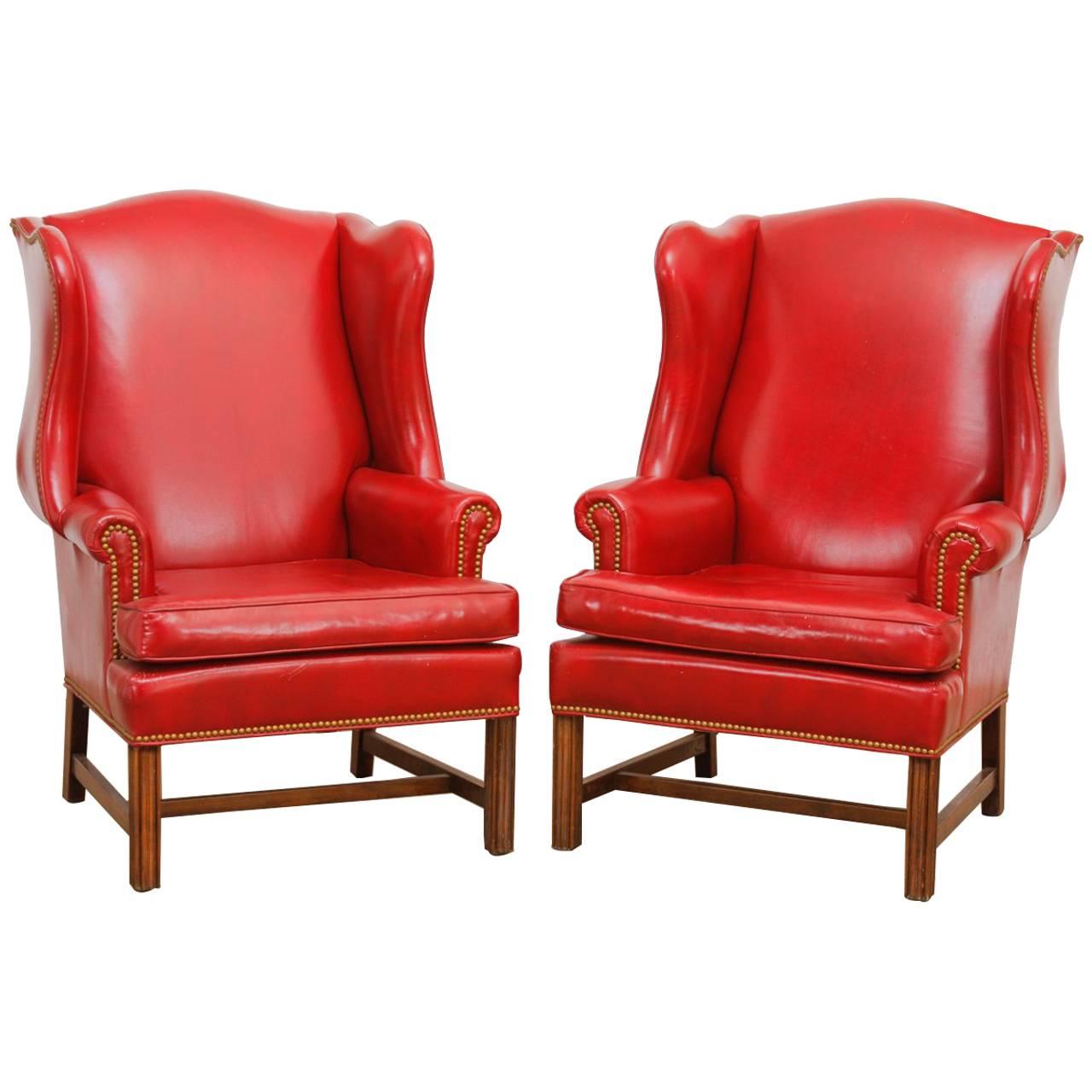 Pair of Georgian Style Red Leather Wingback Library Chairs