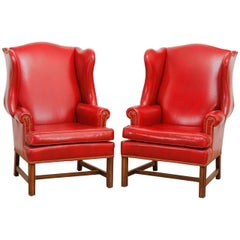 Pair of Georgian Style Red Leather Wingback Library Chairs