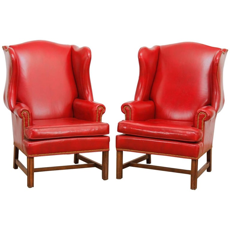 Pair Of Georgian Style Red Leather Wingback Library Chairs