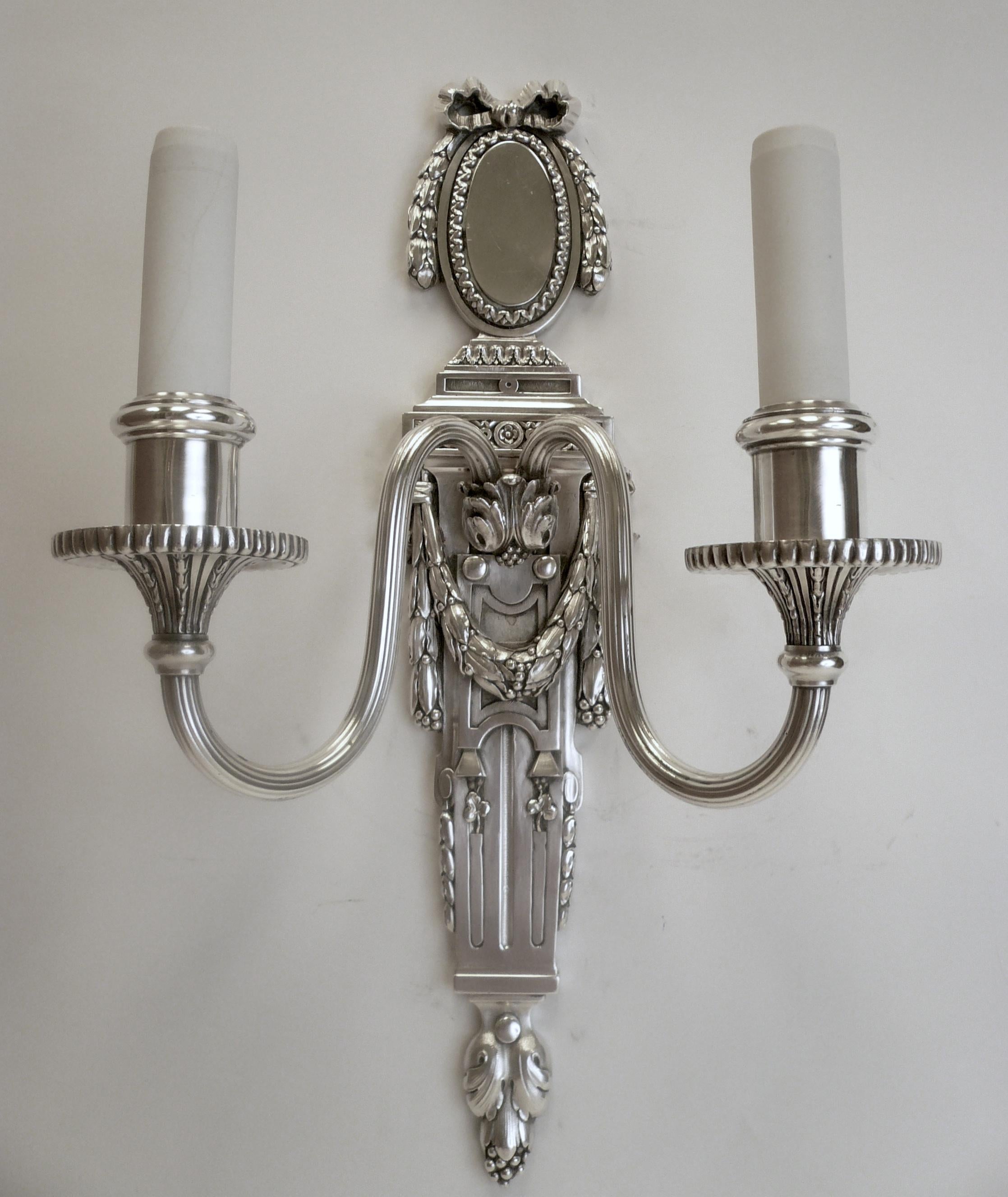 Neoclassical Pair of Georgian Style Silver Plated Bronze Wall Sconces by E. F. Caldwell