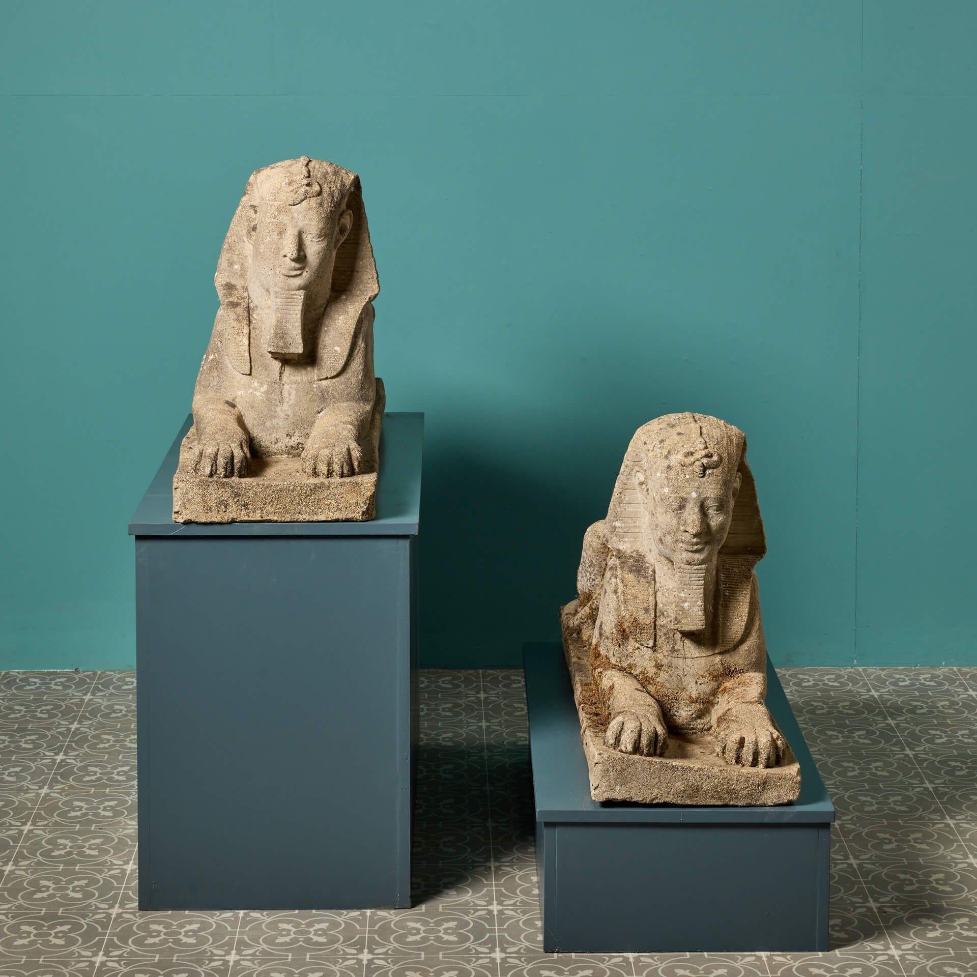 20th Century Pair of Georgian Style Stone Sphinx Garden Statues For Sale