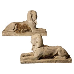 Paar Stein-Sphinx-Gartenstatuen im georgianischen Stil