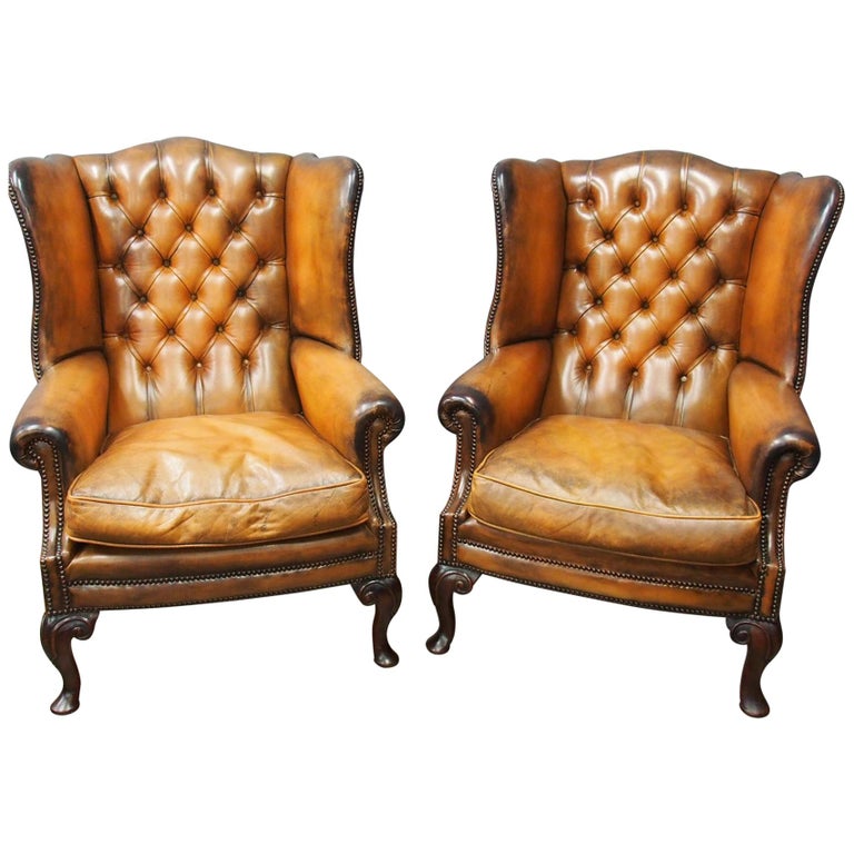 Pair Of Georgian Style Tan Leather Wing Chairs For At 1stdibs Pair Of Georgian Style Tan Leather Wing Chairs For