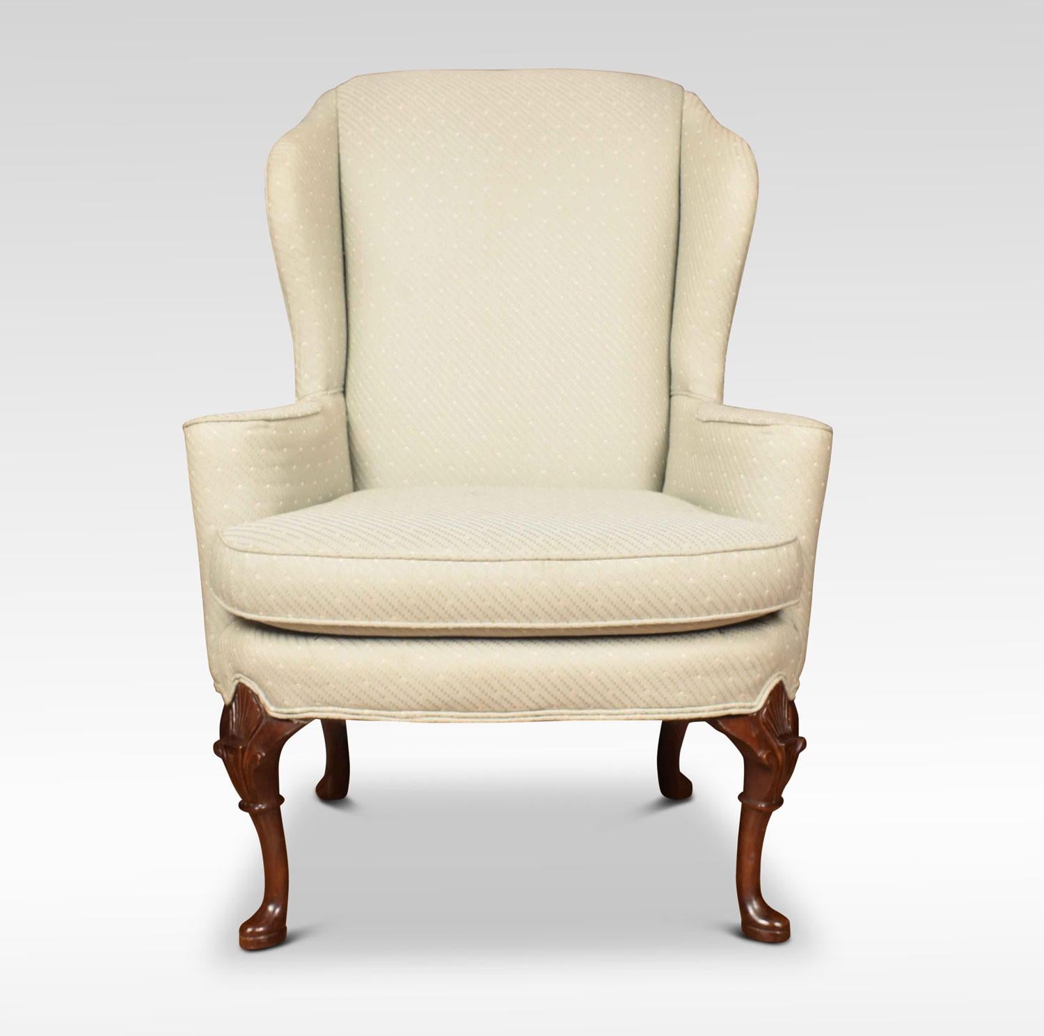 A pair of large Georgian style armchairs, the winged backs and out swept arms upholstered in a light green fabric. Raised up on slender cabriole legs terminating in pad feet.
Dimensions:
Height 43 inches height to seat 20 inches
Width 32