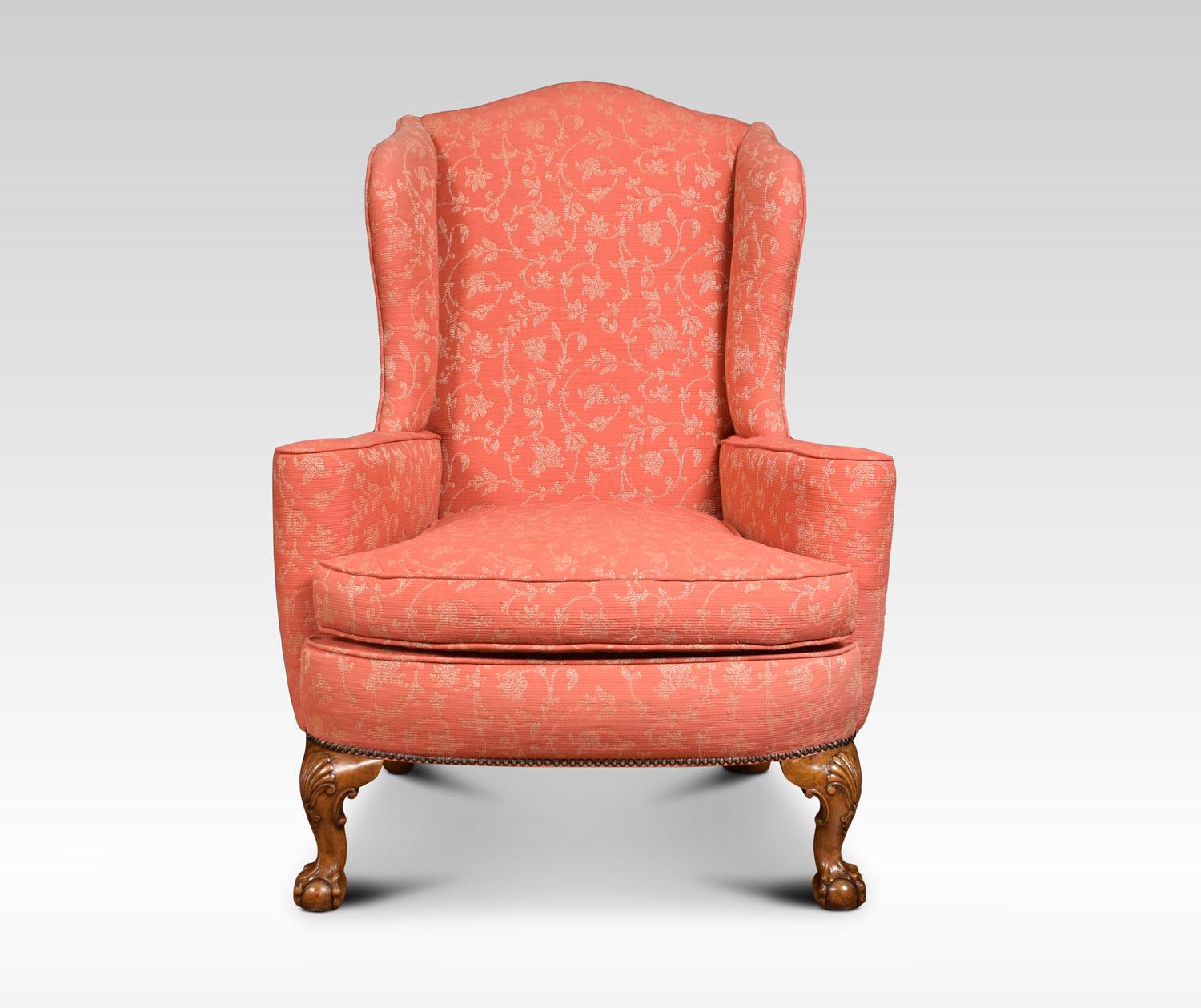 A pair of Georgian style armchairs, the winged back and seat upholstered in a floral patterned fabric. All raised up on shell capped cabriole front sports terminating in claw and ball feet.
Dimensions
Height 44.5 Inches height to seat 20