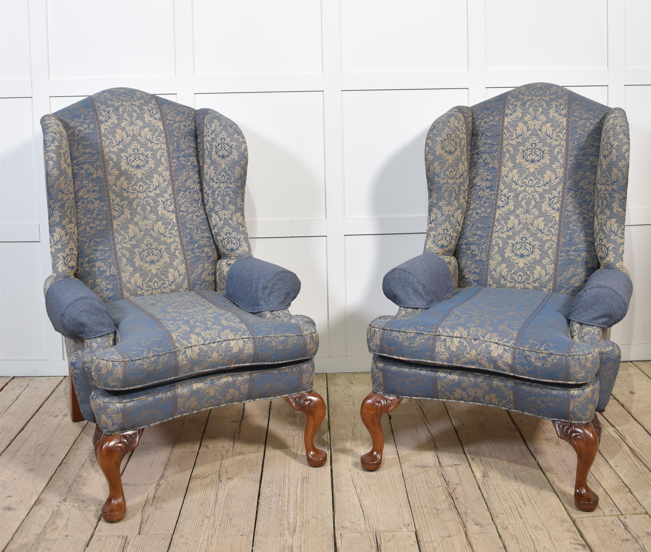 A pair of Georgian-style armchairs, the winged back, and upholstered seat, flaked by outswept arms. All raised up on carved cabriole front sports.
Dimensions
Height 48.5 Inches, height to seat 19.5 Inches
Width 32.5 Inches
Depth 42 Inches