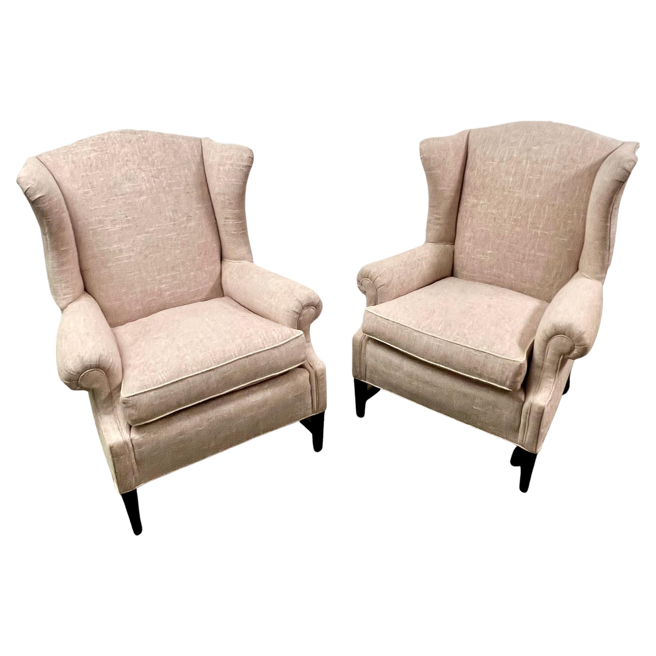 Pair of Georgian Style Wingback Chairs Upholstered in Linen For Sale