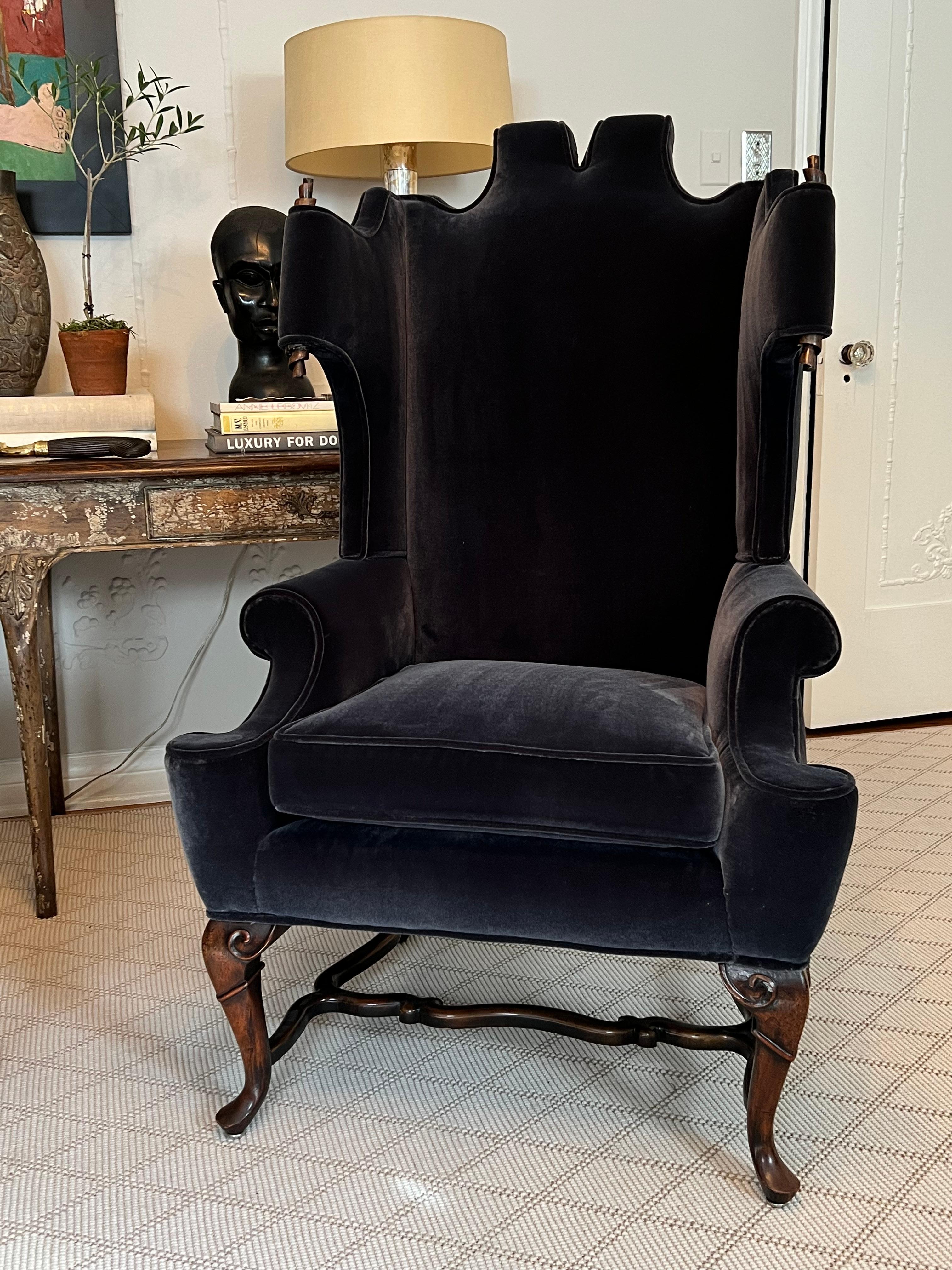 Pair of Georgian Style Wingback Chairs with Wood Scroll Detail in Mohair 5