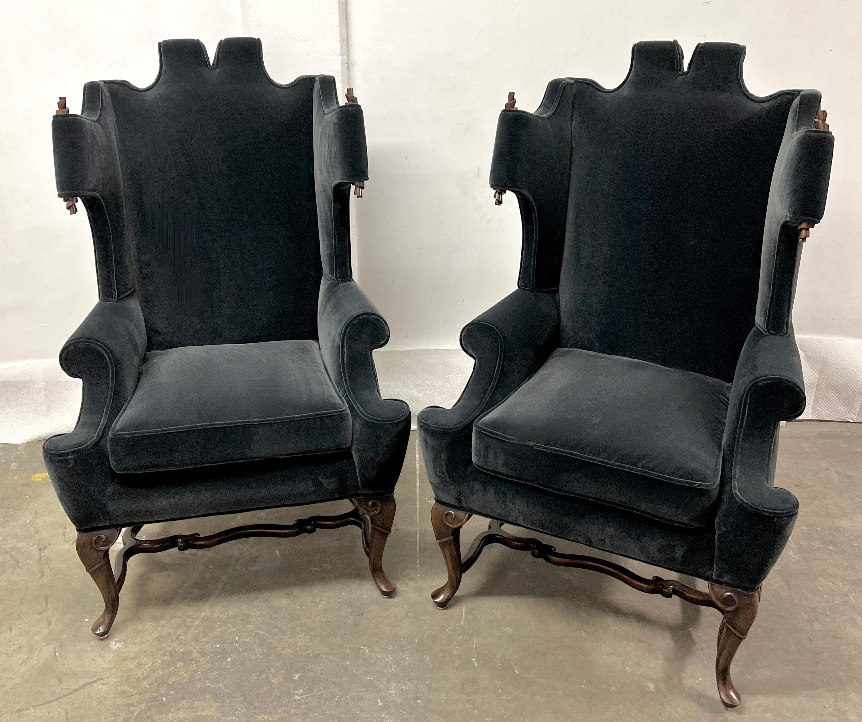 Pair of Georgian Style Wingback Chairs with Wood Scroll Detail in Mohair 6