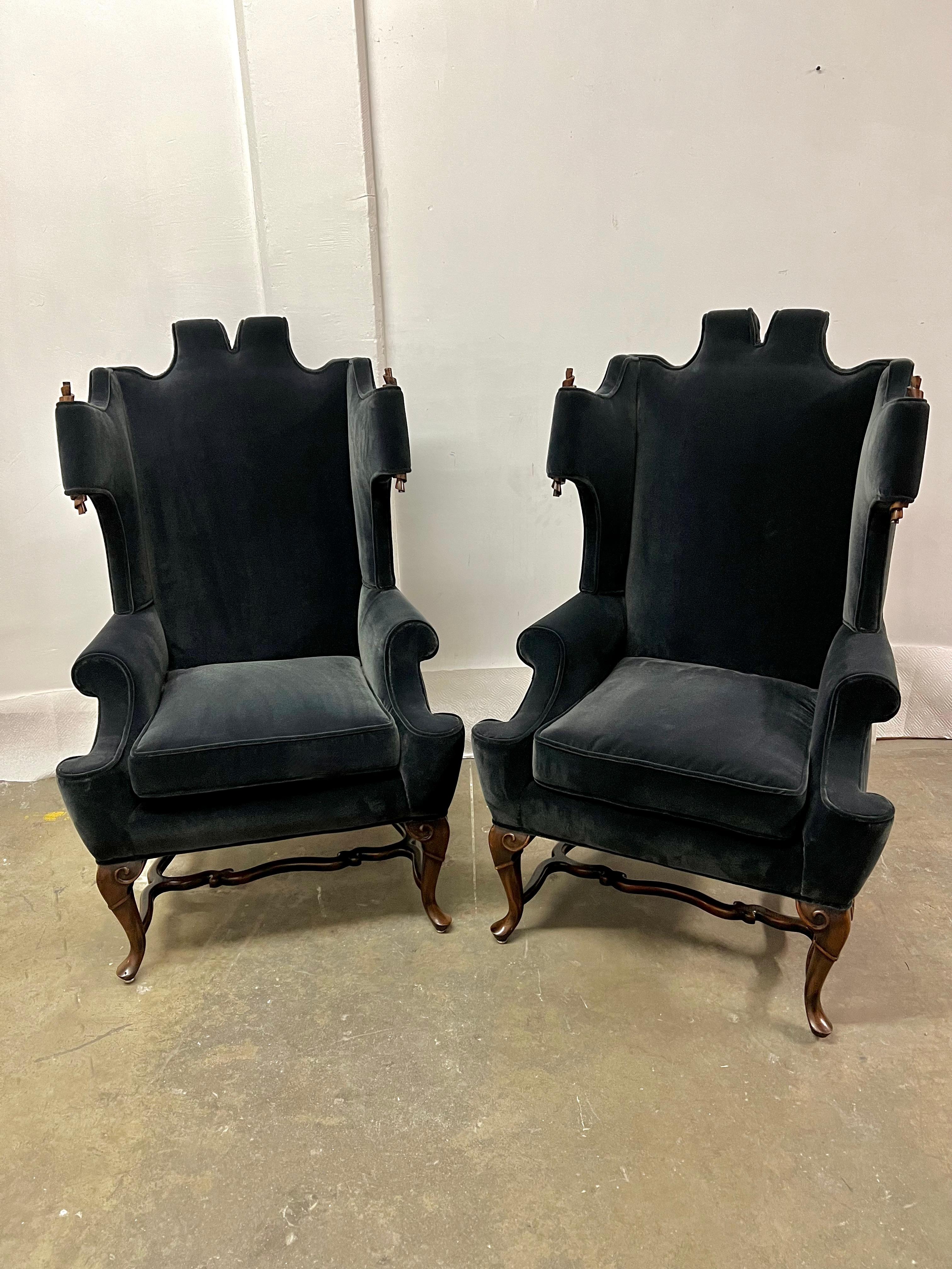 Pair of Georgian Style Wingback Chairs with Wood Scroll Detail in Mohair 7