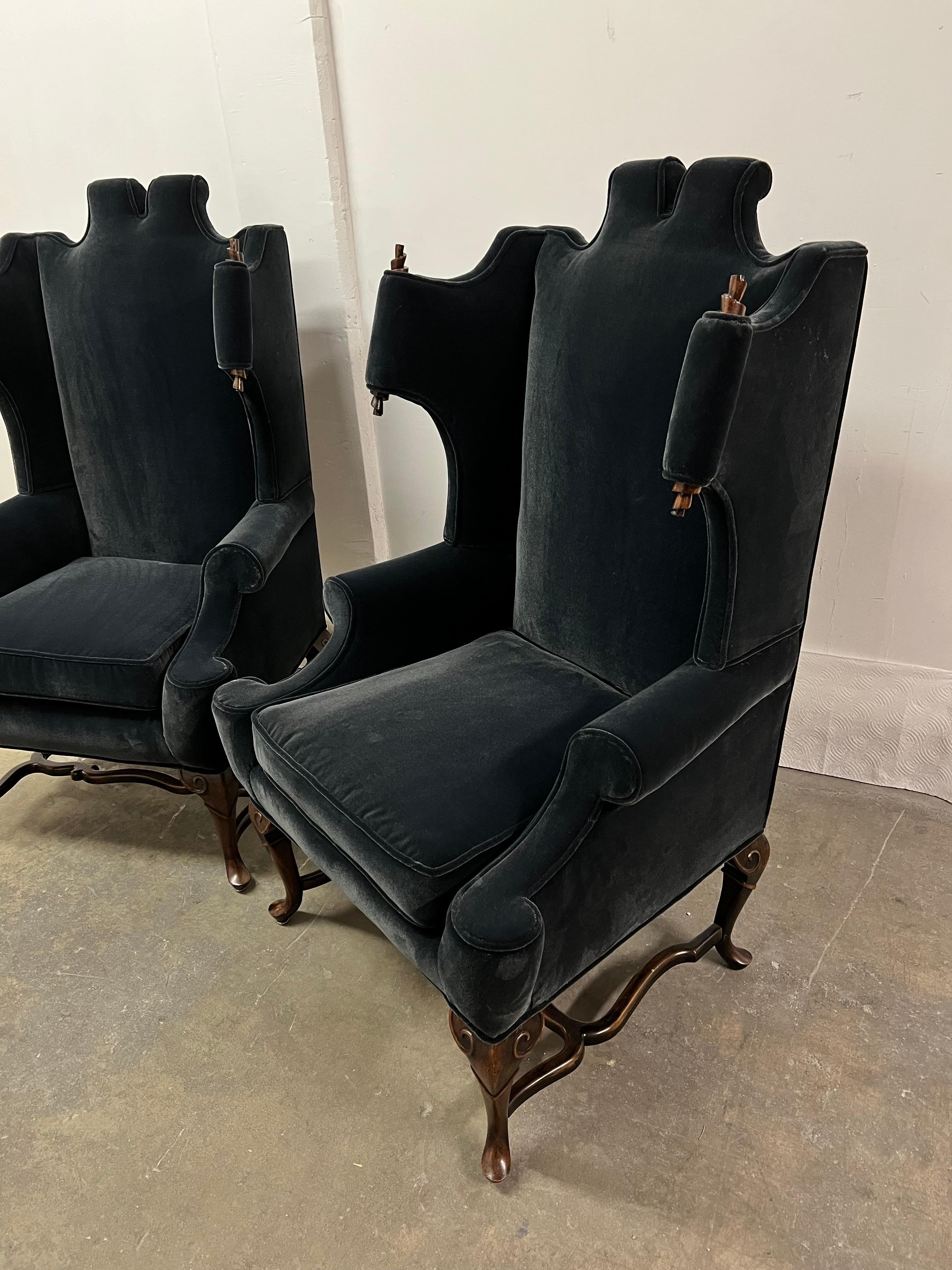 Pair of Georgian Style Wingback Chairs with Wood Scroll Detail in Mohair 8
