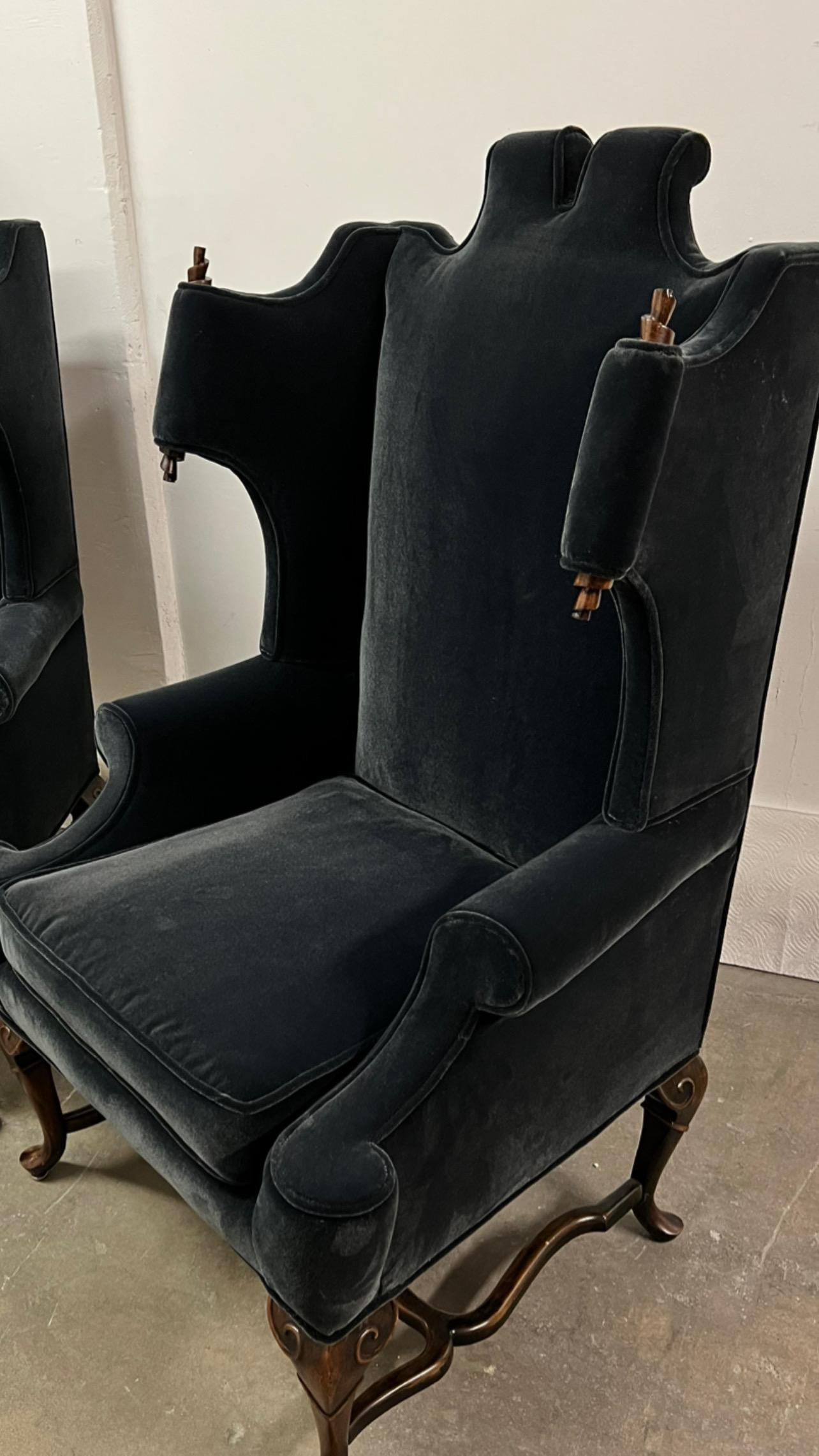 Pair of Georgian Style Wingback Chairs with Wood Scroll Detail in Mohair 9