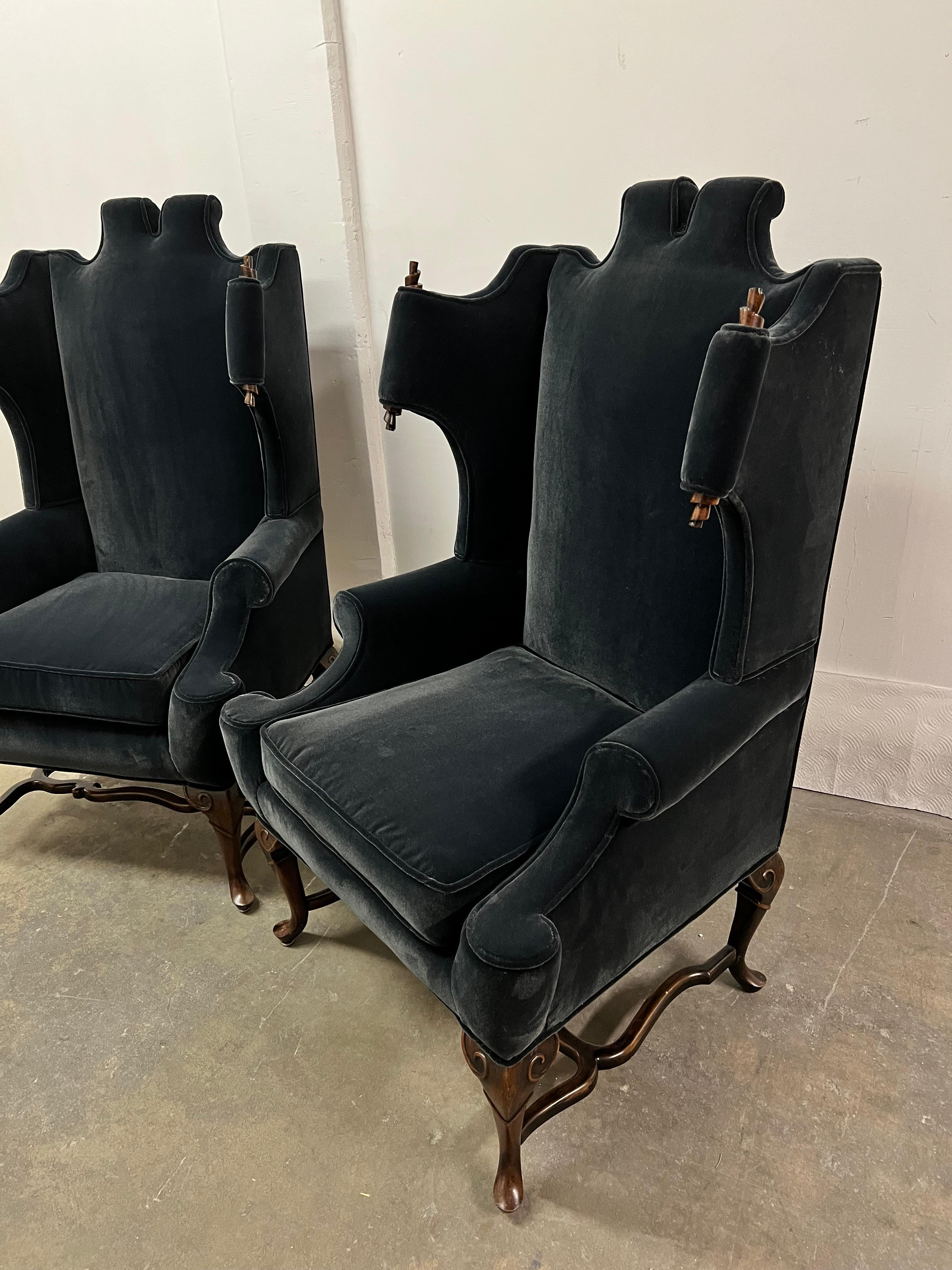 Pair of Georgian Style Wingback Chairs with Wood Scroll Detail in Mohair 10